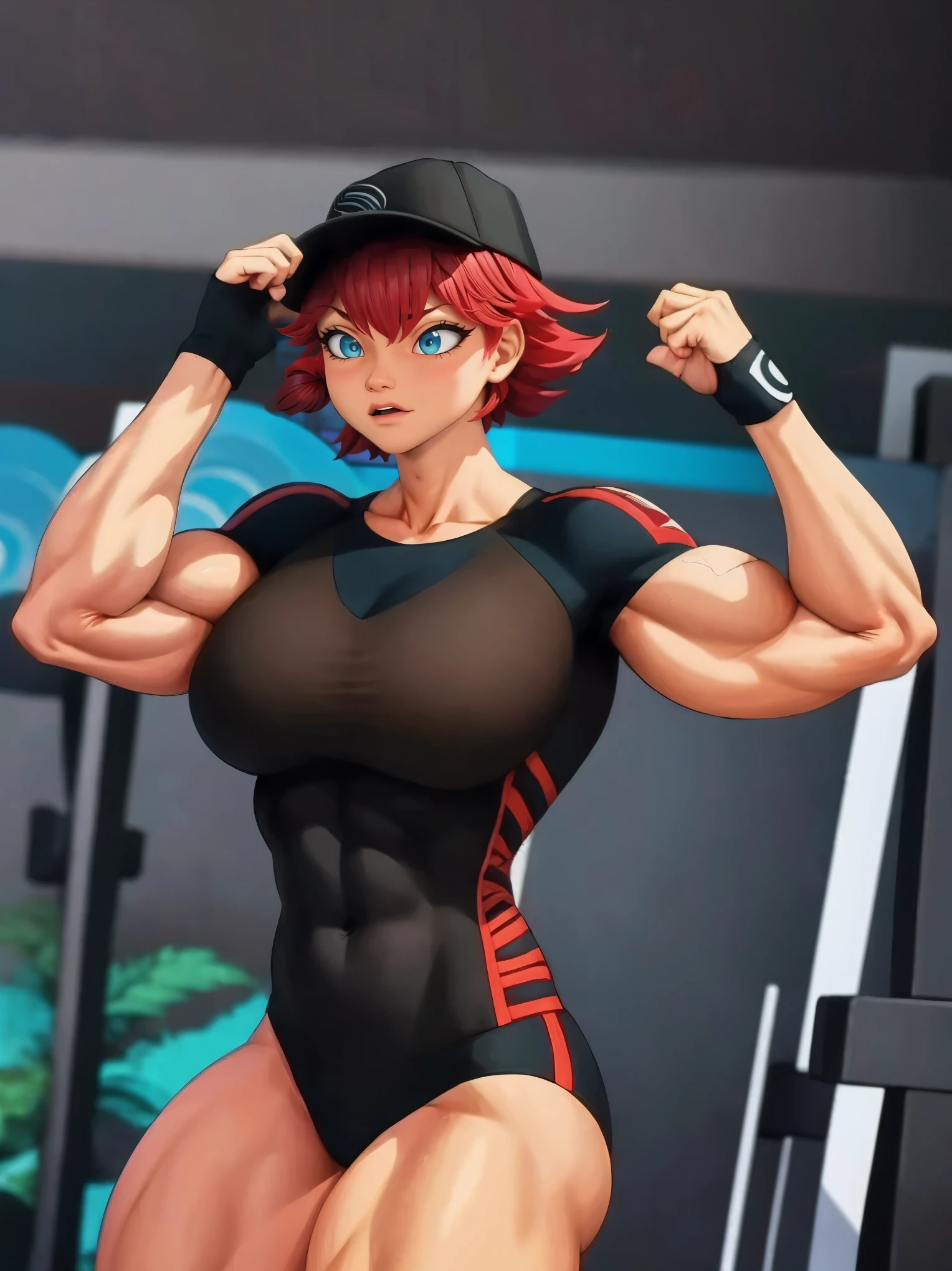 (masterpiece, best quality:1.2), Alix Kubdel ,solo tomboy. Tough, stubborn, reckless, and self-confident,wear (black cao,top, shirt and short's), sporty girl.,muscular,female,bodybuilder,strong,toned physique,ripped muscles,lean body,fitness enthusiast,empowered,confident,posing on the stage,determined expression,fierce competition,bulging biceps,sweat dripping,veins popping,athletic physique,intense workout sessions,strong legs,bulky shoulders,disciplined lifestyle,dedicated training regimen,fitness inspiration,endurance,unstoppable force,barbell,weights,exercise equipment,stamina,perseverance,sculpted arms,powerful presence,fitness model,athleticism,competition preparation,high-intensity training,competition stage,striking physique,mental fortitude,motivation,hard work,persistence,inspiring,admired by others.
