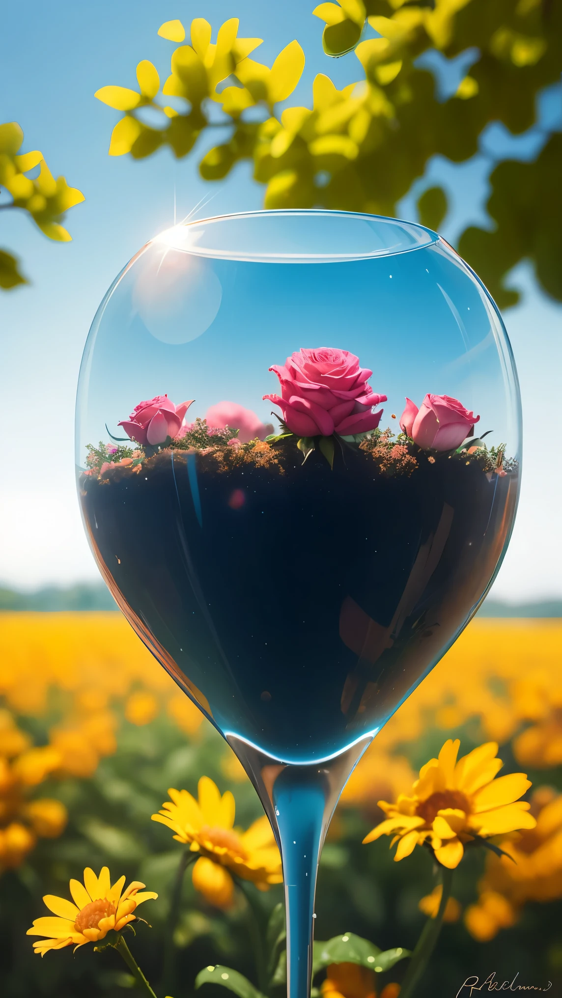 summer, grama, algumas rosas vermelhas, grandes nuvens, blue sky, clima quente, Detalhe HD, wet watermark, Hiperdetalhe, cinematographic, surrealismo, Luz suave, Bokeh de foco de campo profundo, rastreamento de raio, e surrealismoo. --v6