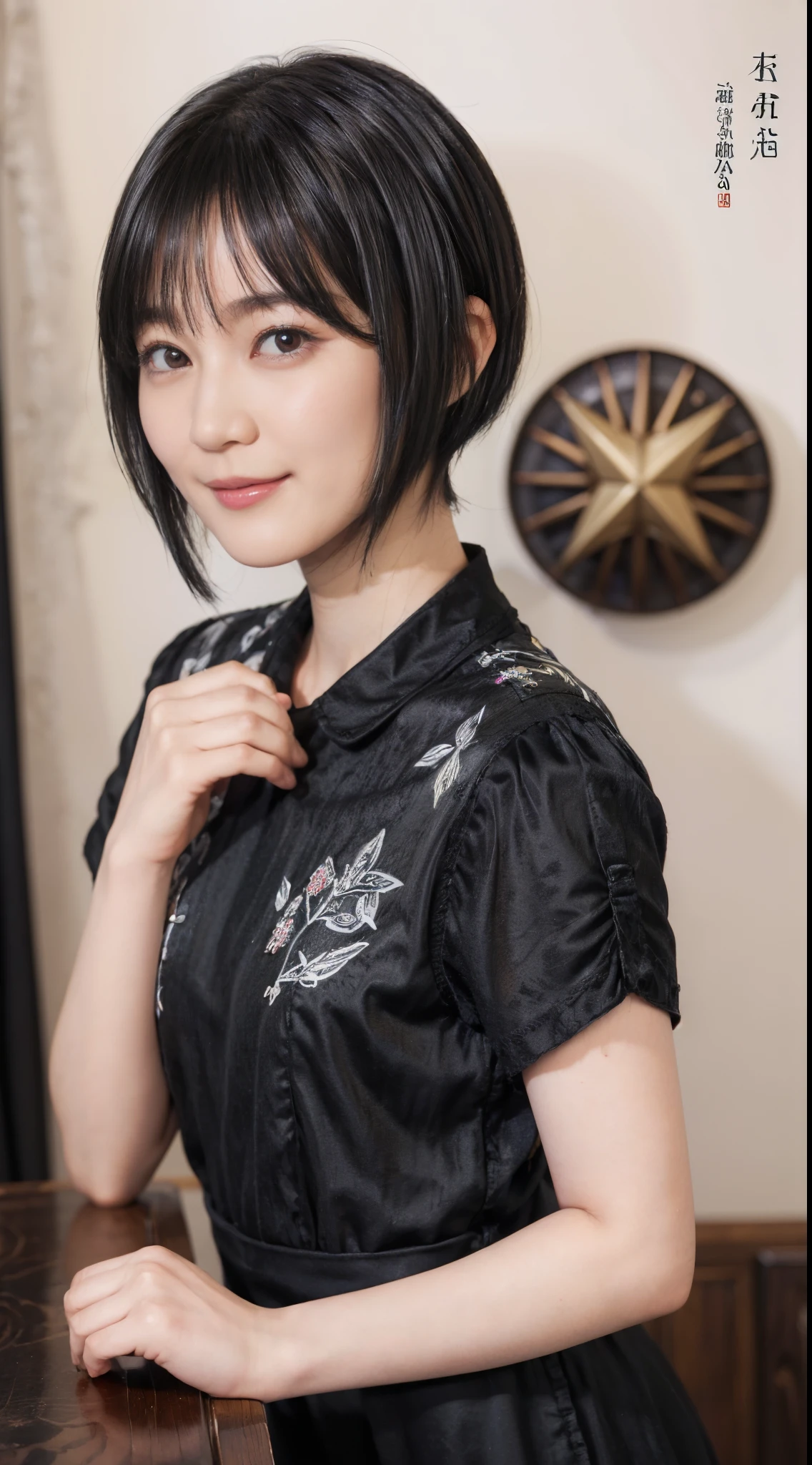 58
(20 year old woman), (surreal), (table top), ((black haired、short hair:1.3)), (chest), smile gently, (Clothing with anime characters printed on it)