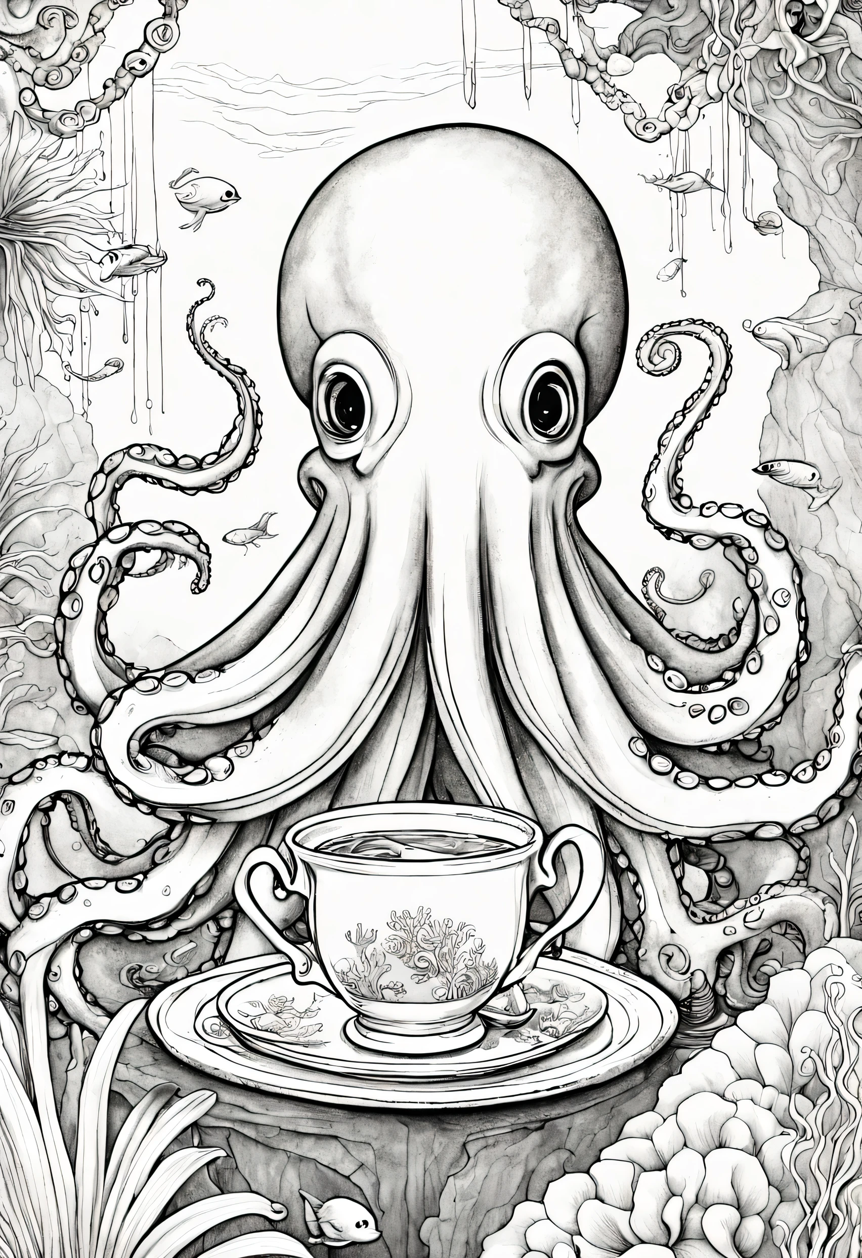 (Livro de colorir, ColoringBookAF) In a whimsical underwater frame, a sophisticated octopus gracefully hosts a tea party amid swaying coral gardens. Envolto em gavinhas fluidas, the octopus extends a delicate cup of tea to its marine companions. Dappled sunlight filters through the water, casting a warm glow in this charming aquatic case. The underwater scene is transformed into a charming teatime gathering, onde o elegante polvo e os seus amigos marinhos partilham um momento de camaradagem no fundo do mar. ( um pouco estilo cartoon)