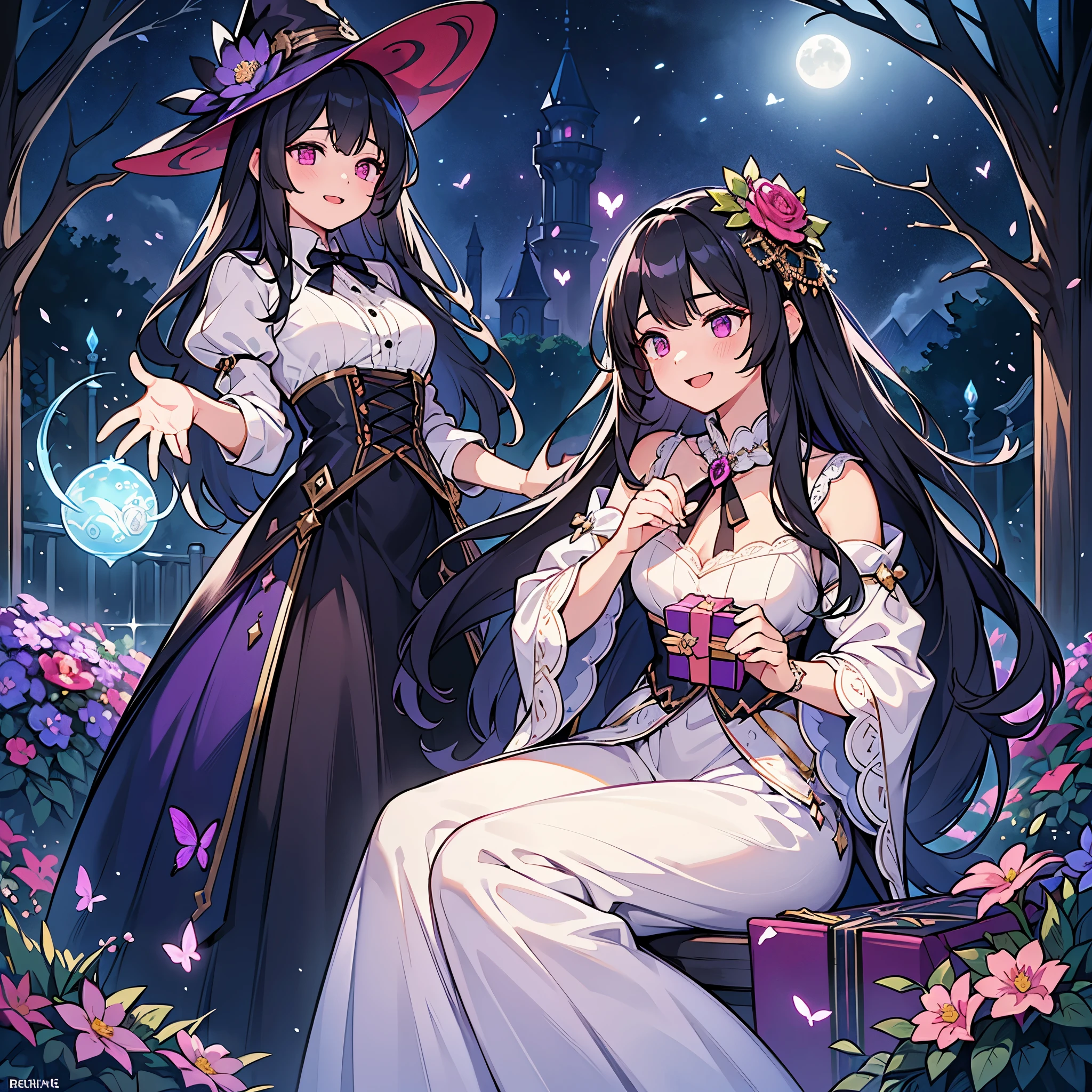 (best quality,4k,8k,highres,masterpiece:1.2),ultra-detailed,(realistic,photorealistic,photo-realistic:1.37), a teenage boy joins a witch coven and he’s given the gift of femininity, he gets magically transformed into a cute teenage witch girl, sex change ritual, pink eyes, long black hair, is happy, stunning black Victorian dress, gorgeous dress design,flowing gown,elaborate lace details,rich textures,contrast stitching,delicate ribbon bows,floral accents,full skirt,high neckline,long sleeves,fitted waistline,flared cuffs,lace-up back,luxurious fabrics,flawless silhouette,high heels,pointy hat, magical transformation, detailed facial features, glowing and vibrant pink eyes, flowing and glossy long black hair, happy and excited expression, joyful and radiant vibe, surrounded by a mystical aura, spell books and potions in the background, an enchanting garden with colorful flowers, butterflies flying around, moonlit night with a full moon shining above, soft and ethereal lighting, a group of friendly witches welcoming the new girl into the coven, joyful celebration and magical rituals, feminine and elegant movements, a cauldron overflowing with sparkles and magical essence, black and purple hues dominating the color palette, whimsical and enchanting atmosphere, breathtaking and bewitching nature, a sense of empowerment and self-discovery.