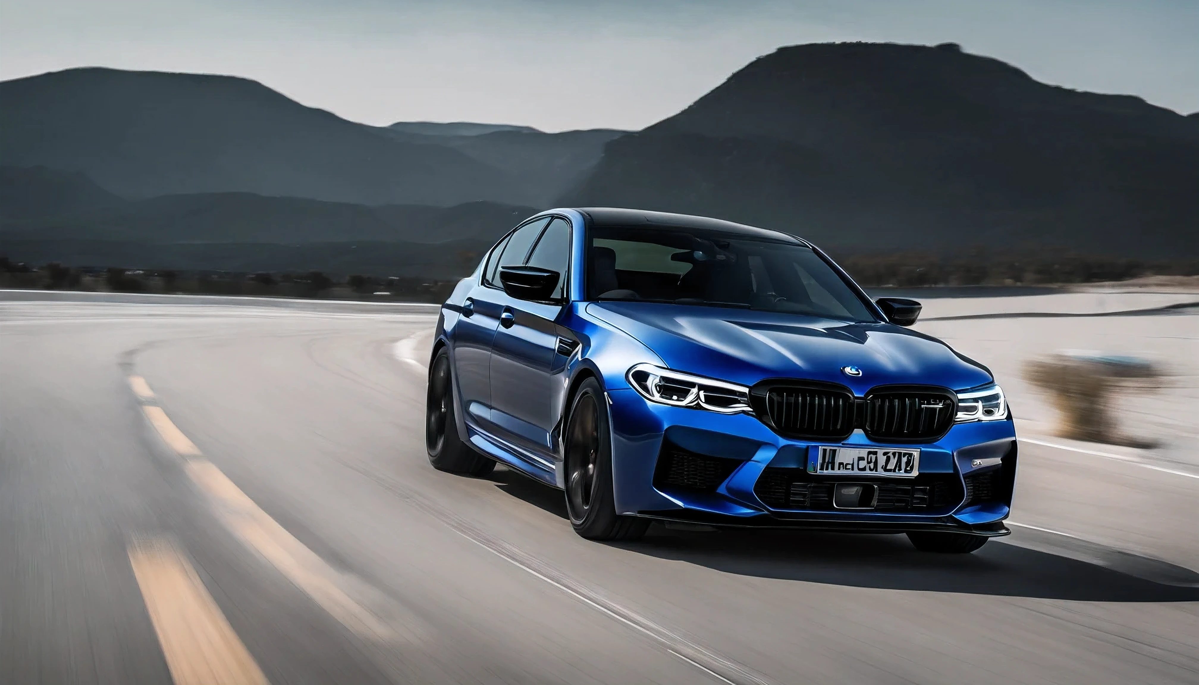 aggressive black BMW M5CS 2019, heavenly blue landscape background, dark royal blue-black, glowing headlights