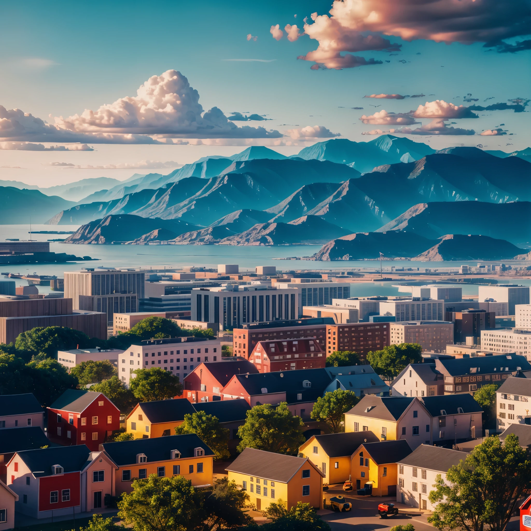 Landscape with buildings, (American Kitsch:1.6), hyper realistic, 8k, vibrant colors, sharp image