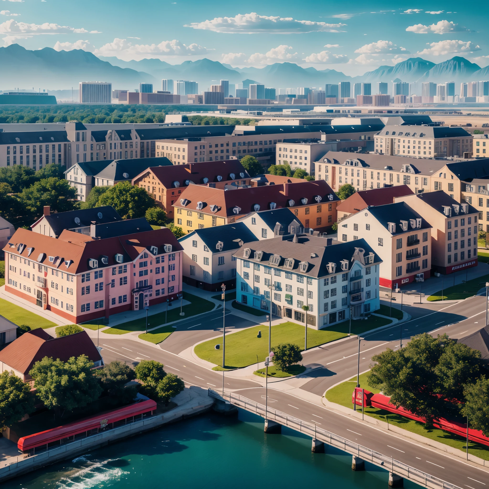 Landscape with buildings, (American Kitsch:1.6), hyper realistic, 8k, vibrant colors, sharp image