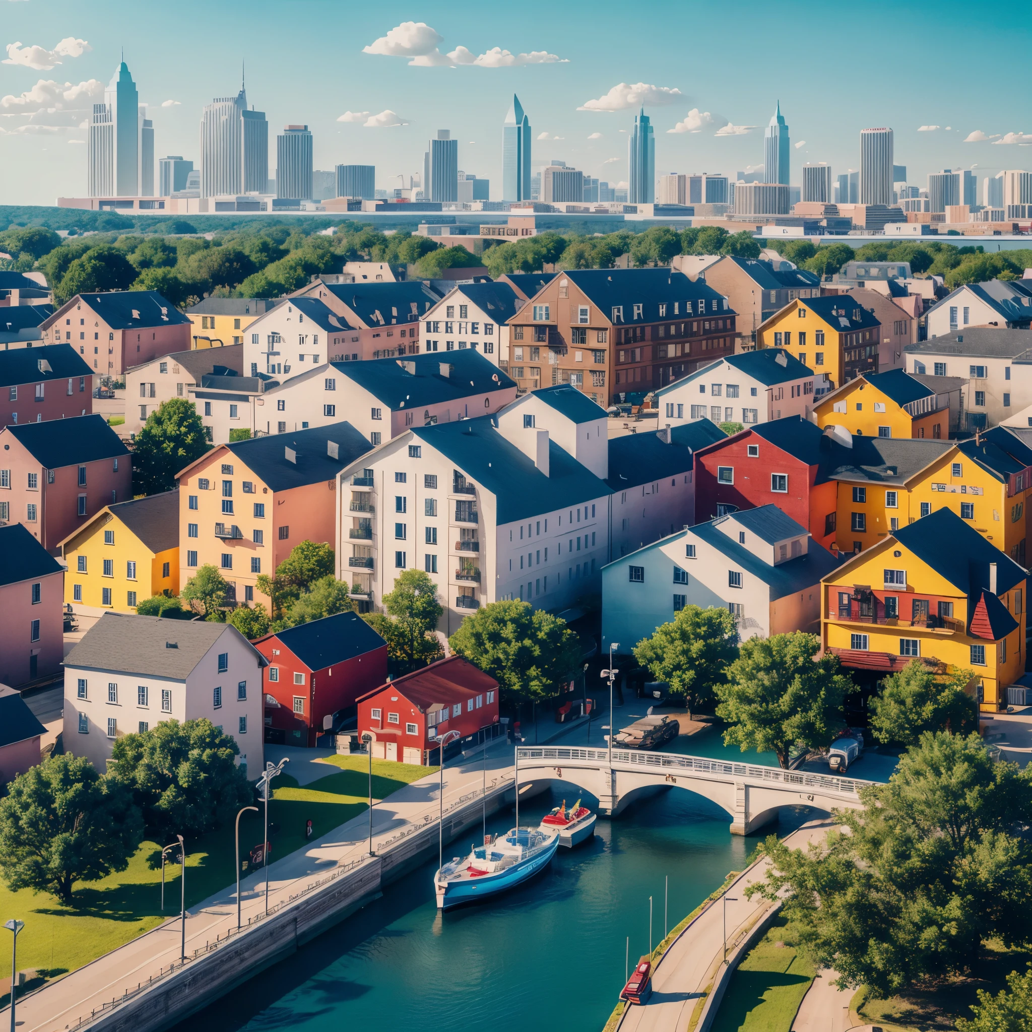 Landscape with buildings, (American Kitsch:1.6), hyper realistic, 8k, vibrant colors, sharp image