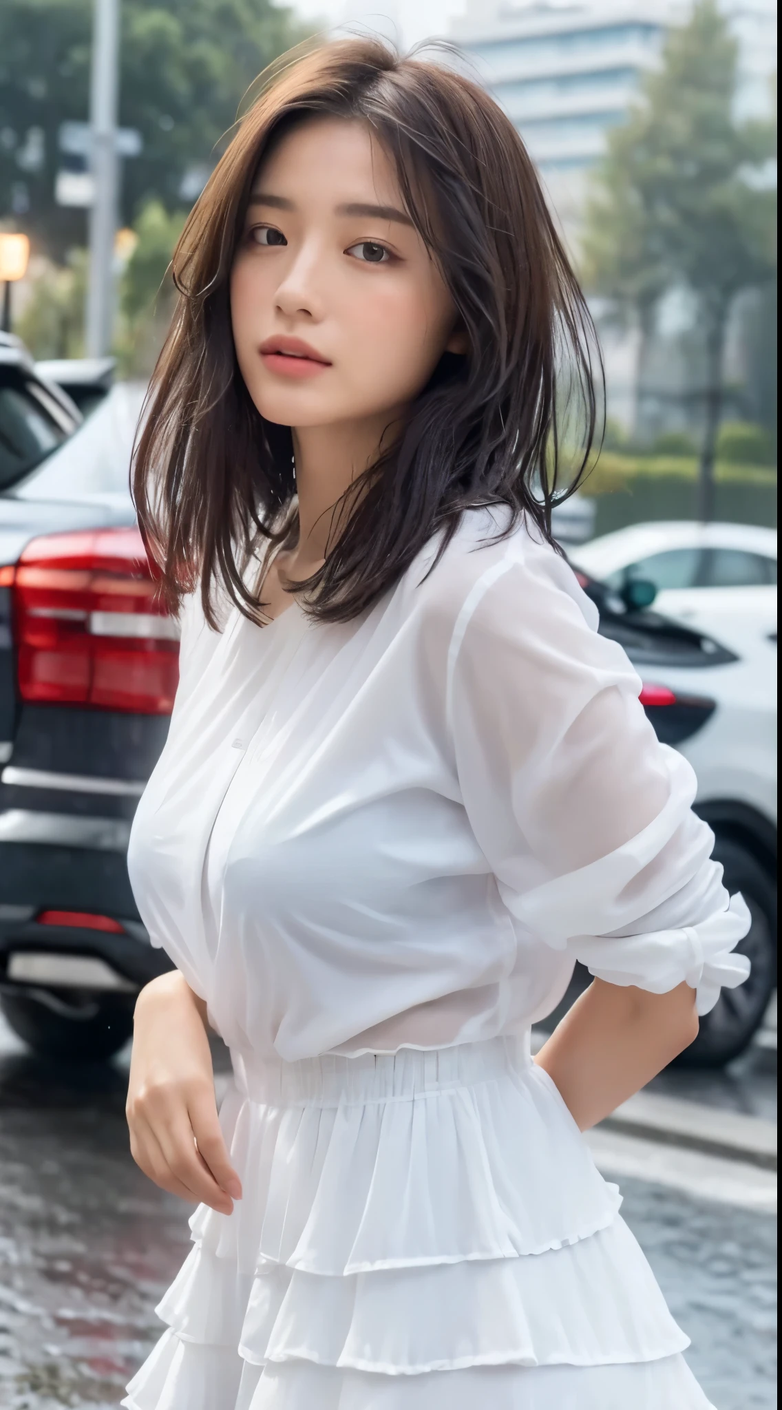 ((highest quality、8K、masterpiece:1.3))、focus:1.2、perfect body beauty:1.4、butt:1.2、((layered haircut、chest:1.2))、(wet clothes:1.1)、(rain、street:1.3)、bandeau dress:1.1、Highly detailed face and skin texture、delicate eyes、double eyelid、whitened skin、long hair