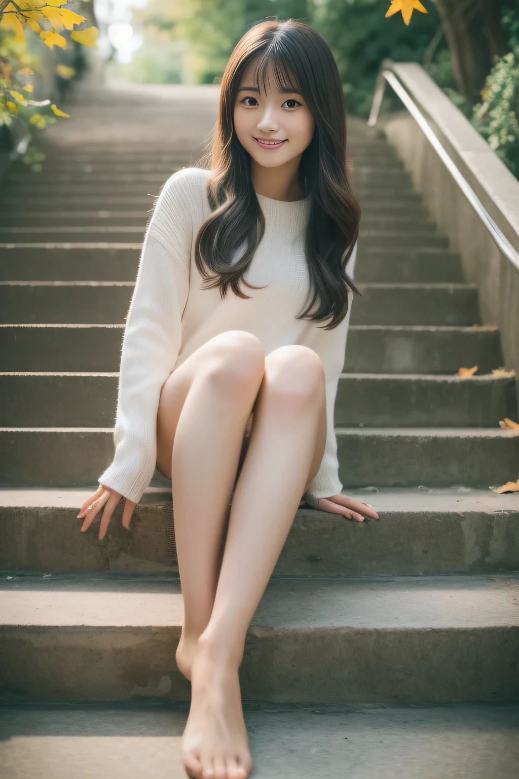 (highest quality,In 8K,ultra high resolution:1.2),(cute japanese girl,20-year-old),(miracle,perfect woman),(perfect anatomy、beautiful limbs、beautiful skin)、Stylish fashion、love、Start climbing the stairs to adulthood、pure love、autumn&#39;s、Gravure photography、Idol、Professional-grade prowess、