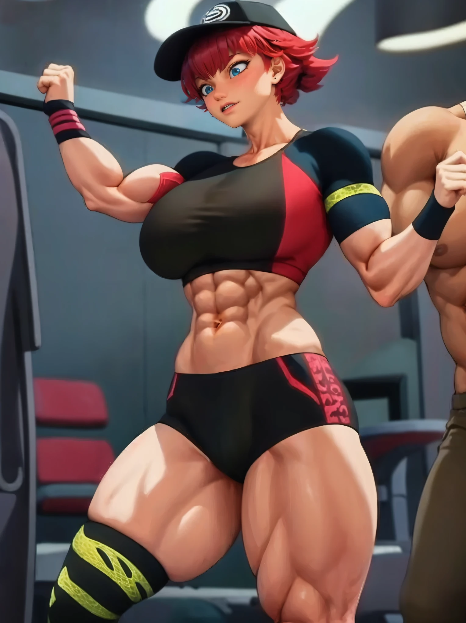 (masterpiece, best quality:1.2), Alix Kubdel ,solo tomboy. Tough, stubborn, reckless, and self-confident,wear (black cao,top, shirt and short's), sporty girl.,muscular,female,bodybuilder,strong,toned physique,ripped muscles,lean body,fitness enthusiast,empowered,confident,posing on the stage,determined expression,fierce competition,bulging biceps,sweat dripping,veins popping,athletic physique,intense workout sessions,strong legs,bulky shoulders,disciplined lifestyle,dedicated training regimen,fitness inspiration,endurance,unstoppable force,barbell,weights,exercise equipment,stamina,perseverance,sculpted arms,powerful presence,fitness model,athleticism,competition preparation,high-intensity training,competition stage,striking physique,mental fortitude,motivation,hard work,persistence,inspiring,admired by others.