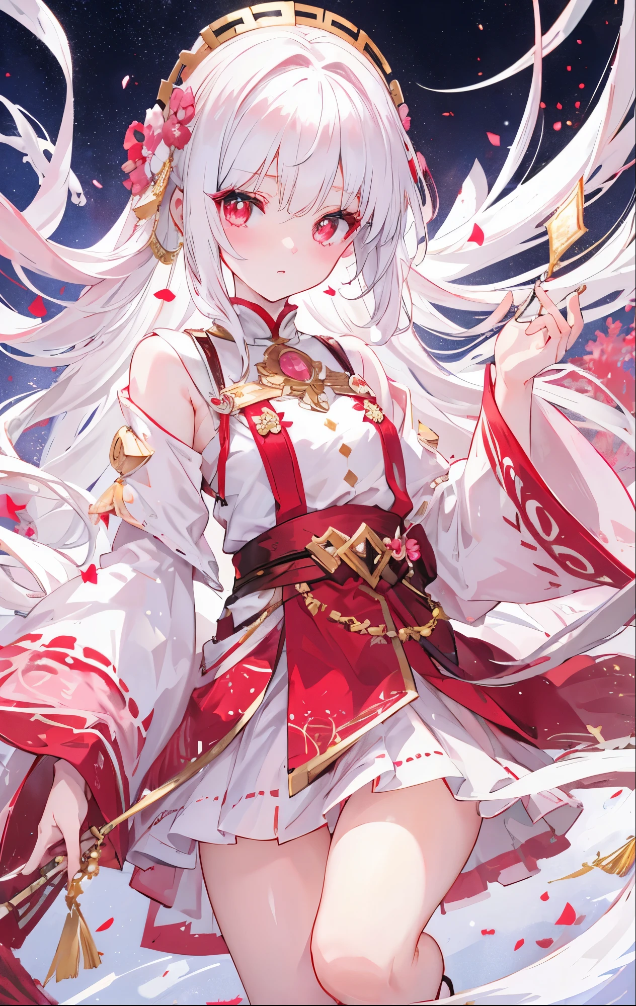 white snow hair，red pupils，very stunning，Petite and cute little sweet girl，Soft and waxy texture of pink clothes，Inlaid with gold trim