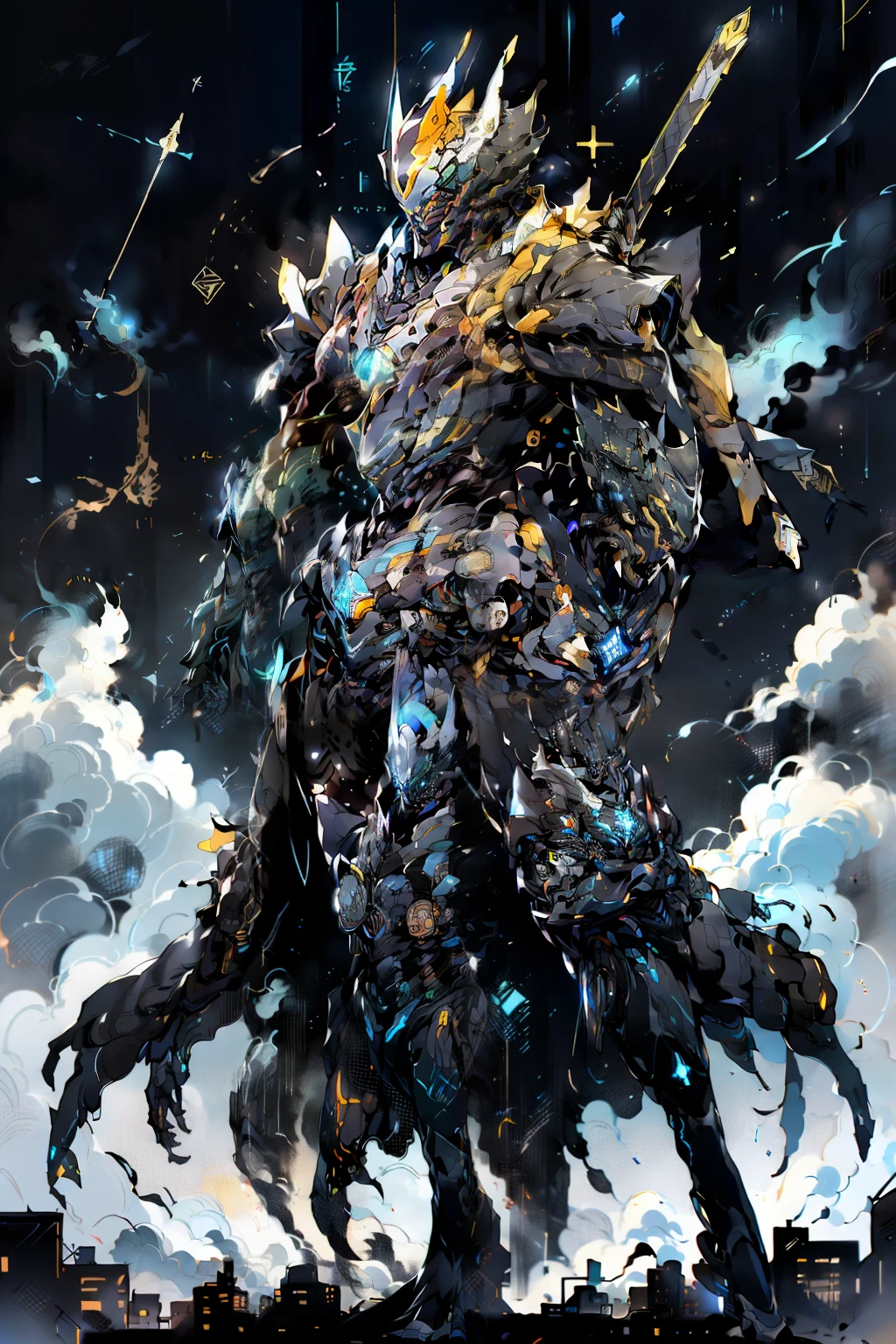 high definition, sky, clouds, spear weapon, glowing, giant state-of-the-art robot, building, glowing eyes, huge state-of-the-art mech, science fiction, city, realistic, main color is black, whole body is black, (core in chest), devilish,