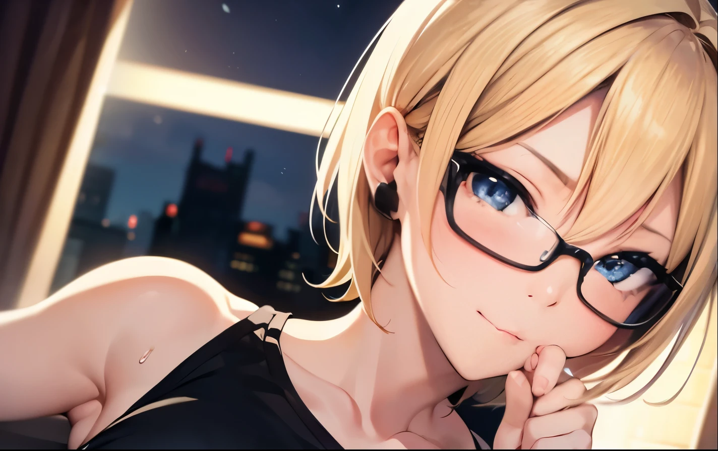 High resolution, 2D anime style,,blue eyes beautiful eyes,high and beautiful nose,thin face,blonde boyish short hair,Cool adult woman,Chest is slightly larger,she looks very happy,biting one's lips, she was very angry, she wears glasses,she narrows her eyes,Fashion that shows cleavage,I'm studying by the window with earphones in my ears.,London cityscape at night