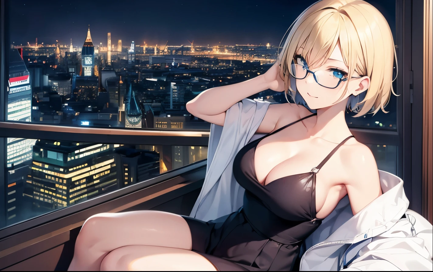 High resolution, 2D anime style,,blue eyes beautiful eyes,high and beautiful nose,thin face,blonde boyish short hair,Cool adult woman,Chest is slightly larger,she looks very happy,biting one's lips, she was very angry, she wears glasses,she narrows her eyes,Fashion that shows cleavage,I'm studying by the window with earphones in my ears.,London cityscape at night