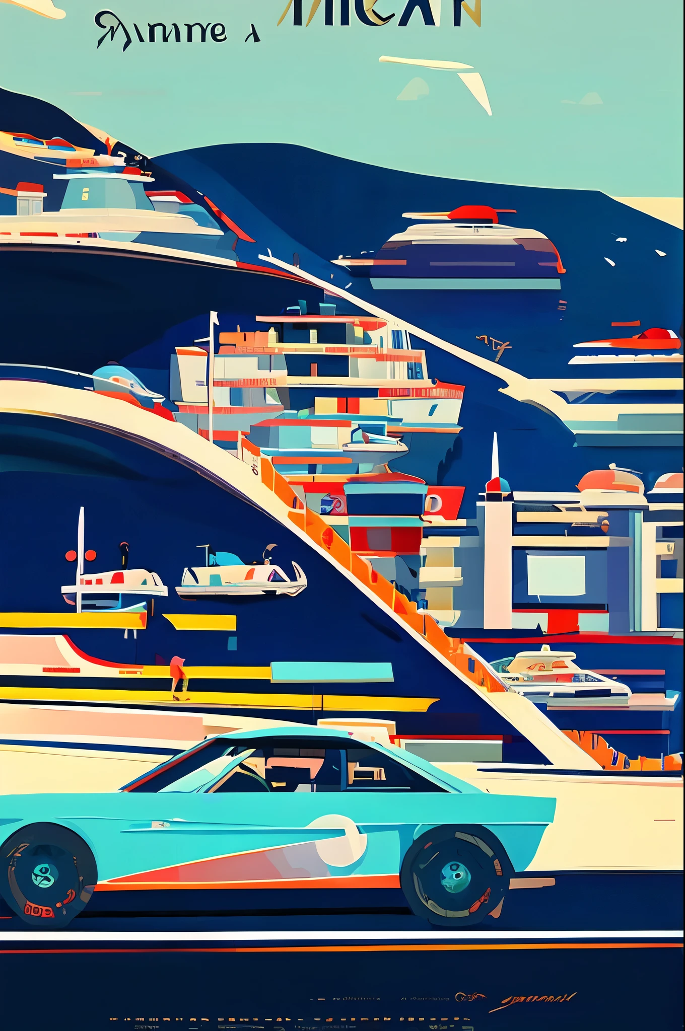 there is a poster of a racing car on the beach, monaco, travel poster, poster illustration, inspired by Emiliano Ponzi, james gilleard artwork, illustrated poster, poster vintage, retro poster, inspired by James Gilleard, in style of james gilleard, vintage poster style, art deco poster, los angeles 2 0 2 4, inspired by Didier Mouron
