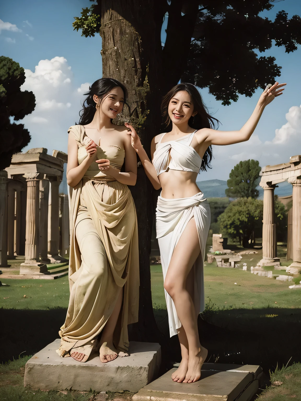 full body portrait or statue,Ancient Roman ruins,Poussin-style landscape,A smile,,Sweet and seductive appearance.、Caravaggio's paintings、Chiaroscuro of Caravaggio、Hair disheveled in the wind,Two women frolicking,Cute smile, Expression of ecstasy,A sexy,Erotic