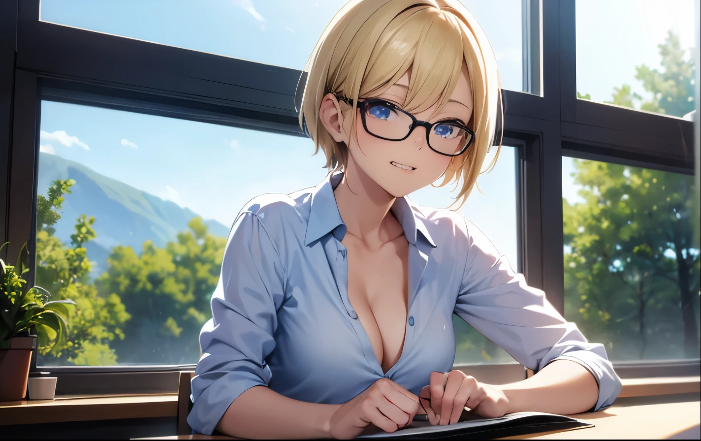 High resolution, 2D anime style,,blue eyes beautiful eyes,high and beautiful nose,thin face,blonde boyish short hair,Cool adult woman,Chest is slightly larger,she looks very happy,biting one's lips, she wears glasses,she narrows her eyes,Fashion that shows cleavage,studying at a desk by the window,I'm wearing earphones,In a forest house surrounded by nature