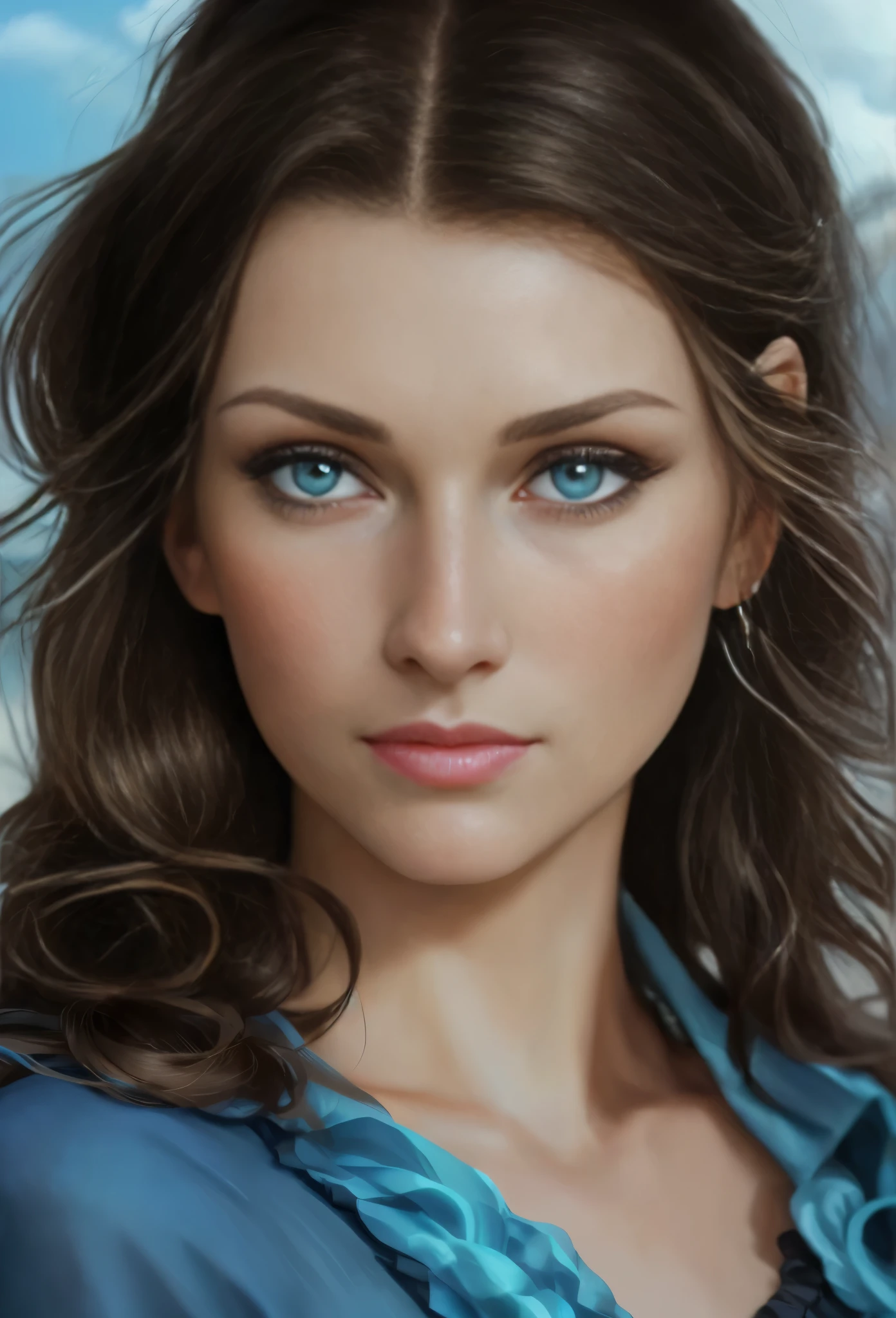 High resolution, brunette girl, 28 years old, bright blue eyes, pattern of stones on her face along the forehead to the temples, Brunette, temples slightly shaved, long black hair pulled back in a ponytail, temples slightly shaved, dressed in a silk shirt and loose trousers, bright blue eyes, portrait, the sea in the background, realism, fantasy