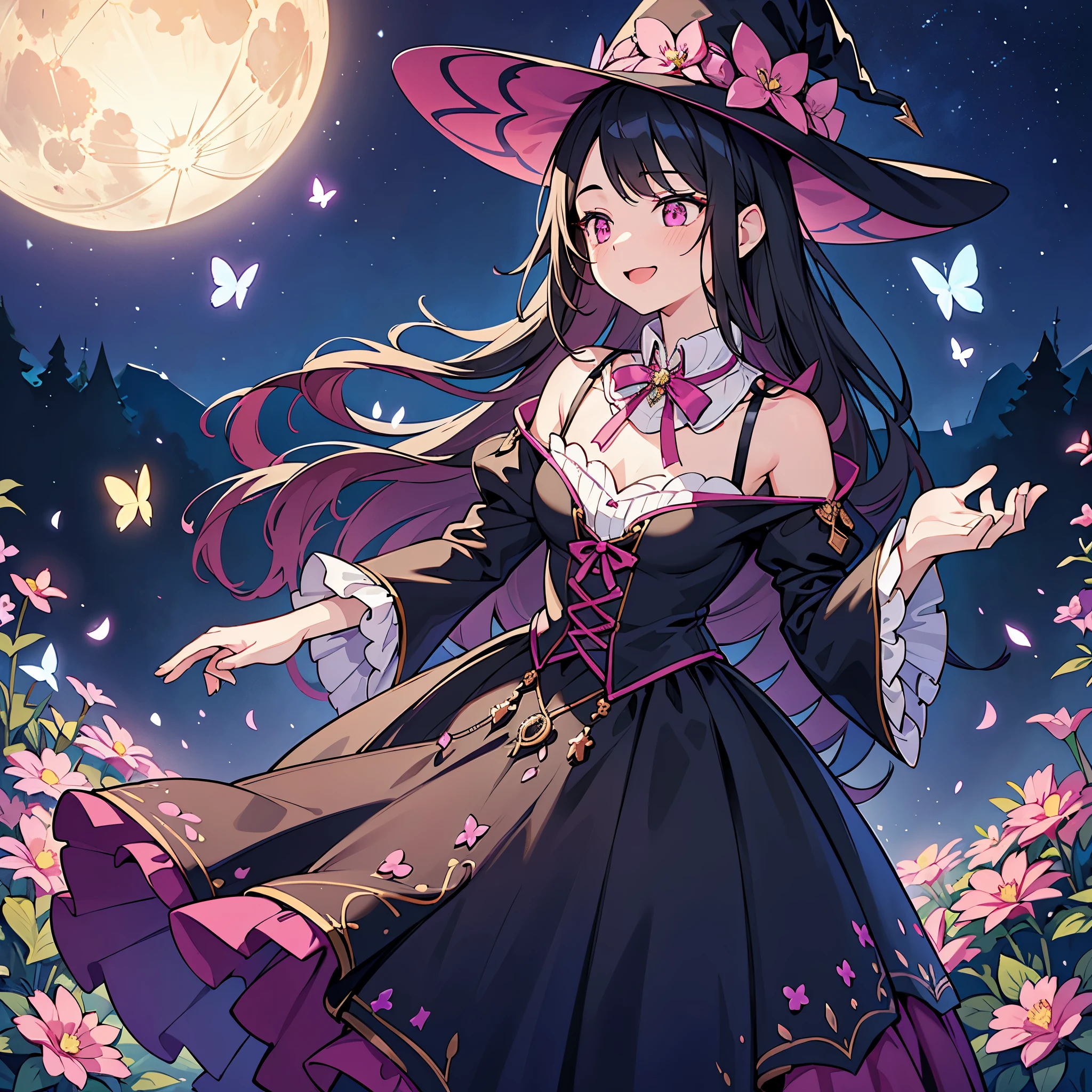 (best quality,4k,8k,highres,masterpiece:1.2),ultra-detailed,(realistic,photorealistic,photo-realistic:1.37), a teenage boy joins a witch coven and he’s given the gift of femininity, he gets magically transformed into a cute teenage witch girl, sex change ritual, pink eyes, long black hair, is happy, stunning black Victorian dress, gorgeous dress design,flowing gown,elaborate lace details,rich textures,contrast stitching,delicate ribbon bows,floral accents,full skirt,high neckline,long sleeves,fitted waistline,flared cuffs,lace-up back,luxurious fabrics,flawless silhouette,high heels,pointy hat, magical transformation, detailed facial features, glowing and vibrant pink eyes, flowing and glossy long black hair, happy and excited expression, joyful and radiant vibe, surrounded by a mystical aura, spell books and potions in the background, an enchanting garden with colorful flowers, butterflies flying around, moonlit night with a full moon shining above, soft and ethereal lighting, a group of friendly witches welcoming the new girl into the coven, joyful celebration and magical rituals, feminine and elegant movements, a cauldron overflowing with sparkles and magical essence, black and purple hues dominating the color palette, whimsical and enchanting atmosphere, breathtaking and bewitching nature, a sense of empowerment and self-discovery.