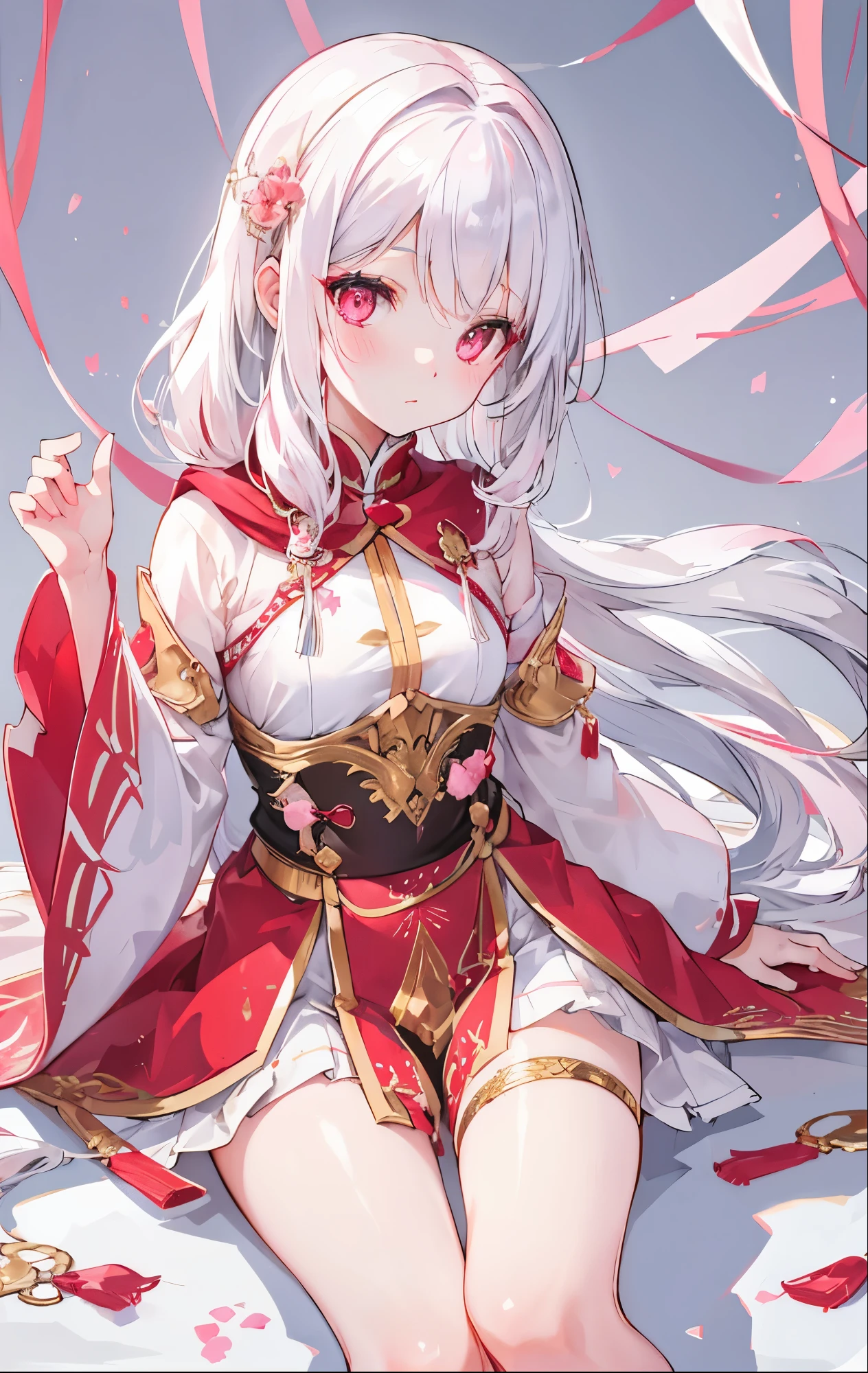 white snow hair,red pupils,very stunning,Petite and cute little sweet girl,Soft and waxy texture of pink clothes,Inlaid with gold trim