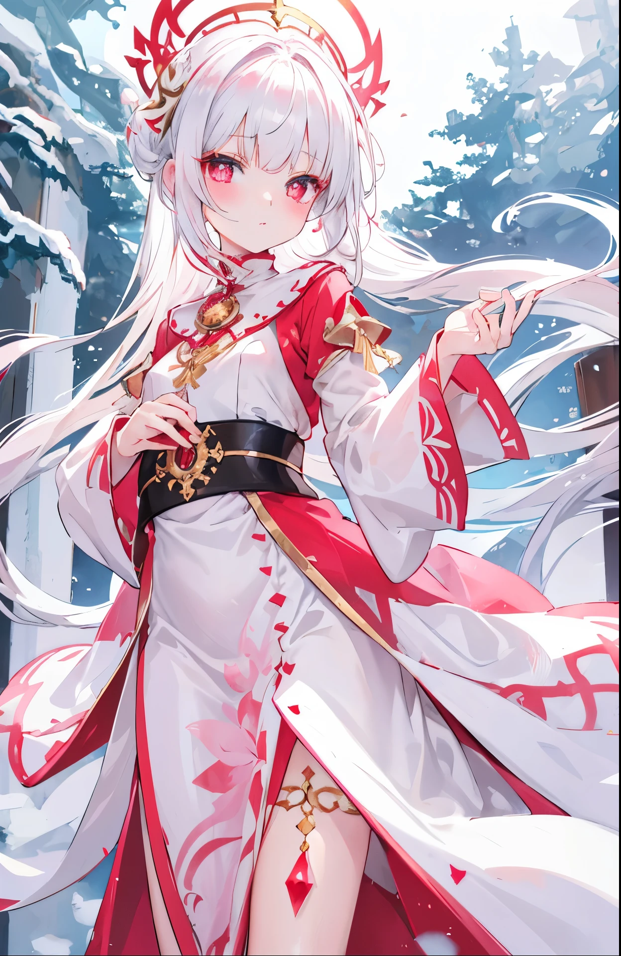 white snow hair,red pupils,very stunning,Petite and cute little sweet girl,Soft and waxy texture of pink clothes,Inlaid with gold trim