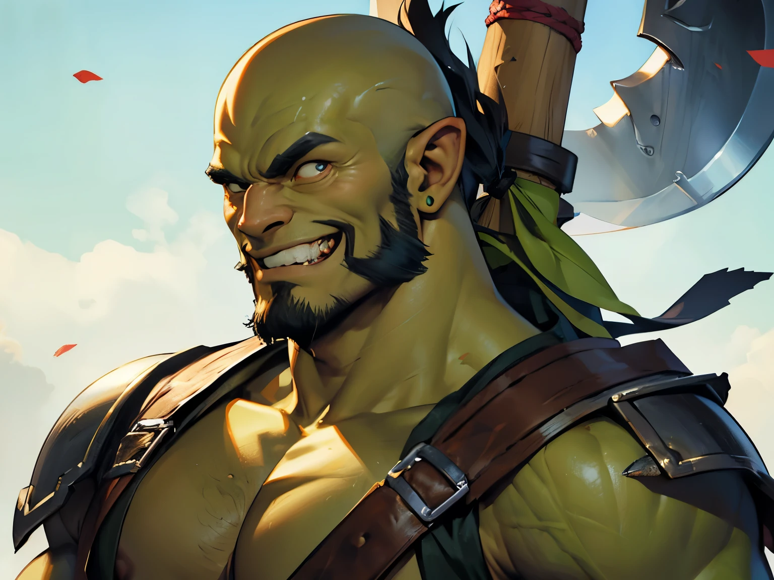 anime, masterpiece, best quality, by professional artist, male, solo, upper body portrait, detailed composition, detailed eyes, detailed hair, orc man, green skin, bald, big grin or smile on face, an axe across his back, warrior, little to no armor, extremely muscular, well built, full beard