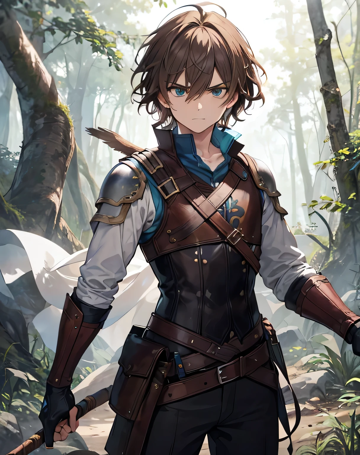 masterpiece, 1men, sparrow, a brown haired men, wearing a medieval adventurer clothes, curly short hair, messy hair, slim body, wearing adventurer clothes, he close her left eye, shirt ornament, angry expression,  aqua eyes, stand at forest, ahoge, leather armor