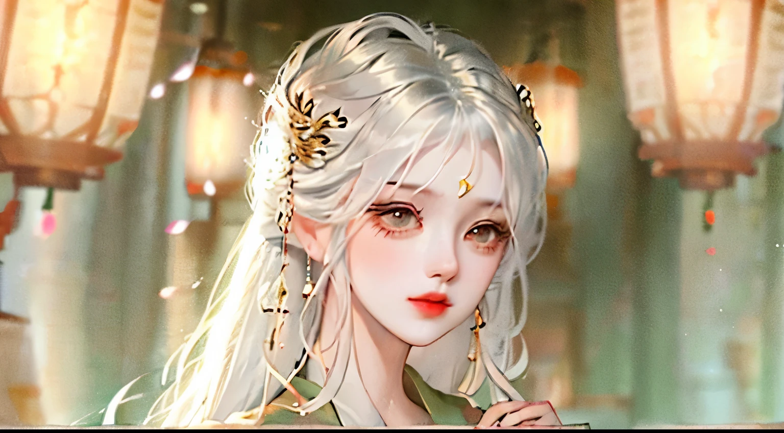 a young girl with white hair donned in ancient chinese fantasy garments, background in street with lanterns