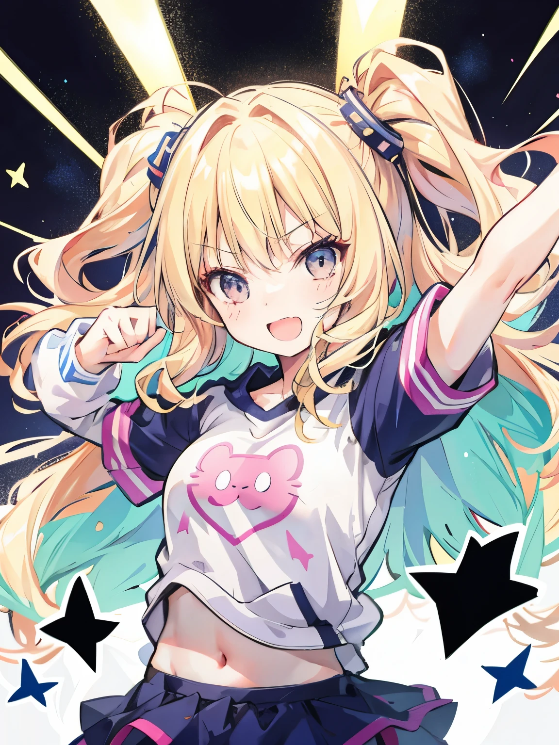 An active and energetic girl,focus on face,fluffy hair,Raise both arms high and do a fist pump,Angle from above,blonde