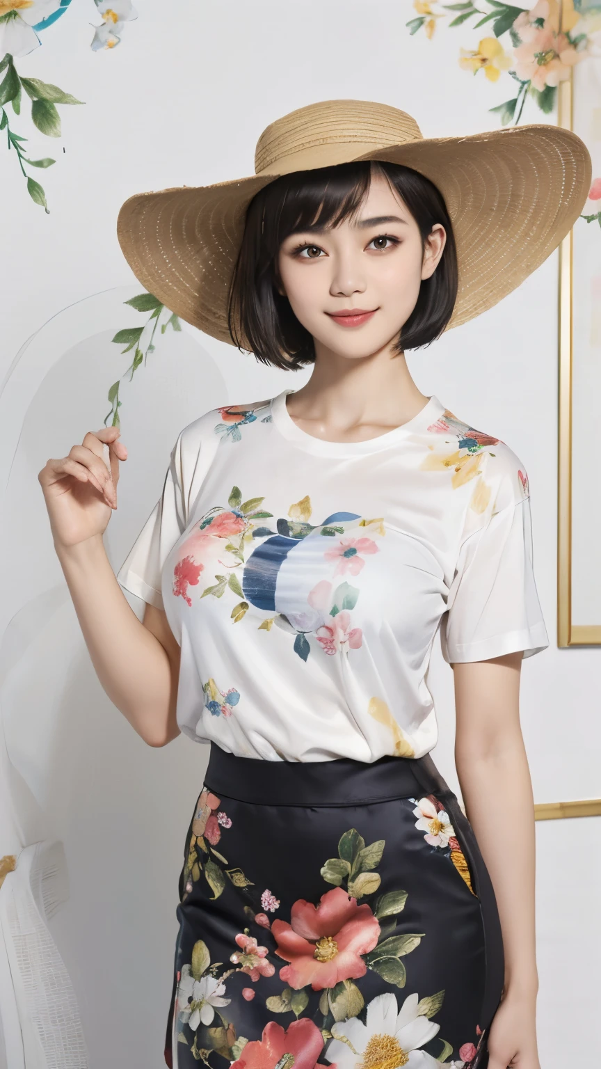 159
(Shorthair:1.46), (a 20 yo woman, standing), (A hyper-realistic), (Masterpiece), (8KUHD), (gentle smile), Slender waist, ((Floral Clothing - T-Shirts)), (abstract splash painting), (breasts:1.3), (口紅), panama hat