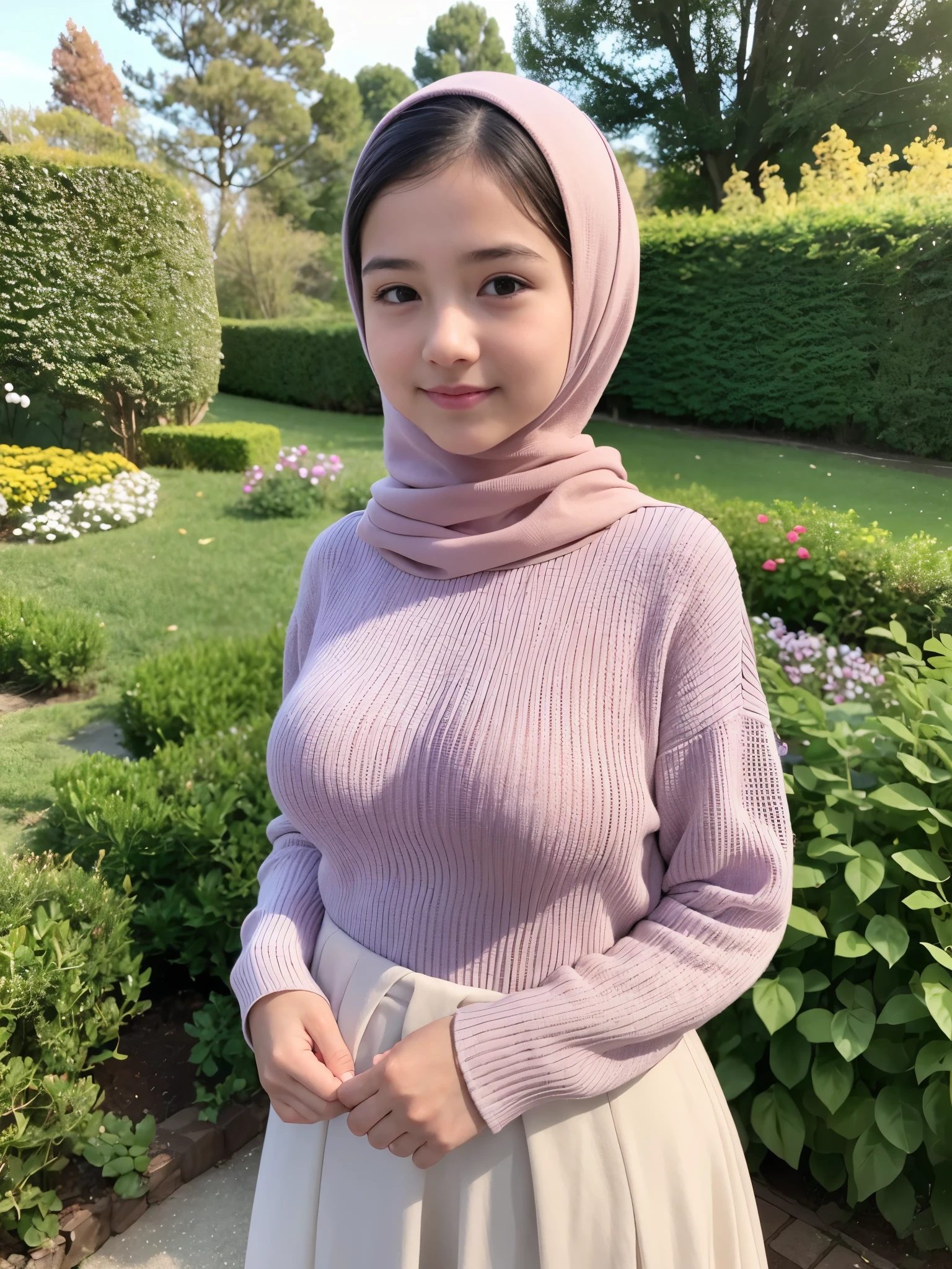 adorable, 1 girl, 10 years old, baby face, modern plain hijab, (shy expression), medium portrait, (face details: 1), (eye details: 1), oily pink lips, adorable smile, ((Big breasts) ). wearing an oversized sweater, ribbed, (big breasts), tight long skirt... standing against a garden wall, garden background, bokeh background, proportional body. Very High Resolution. realistic: 1.4, UHD