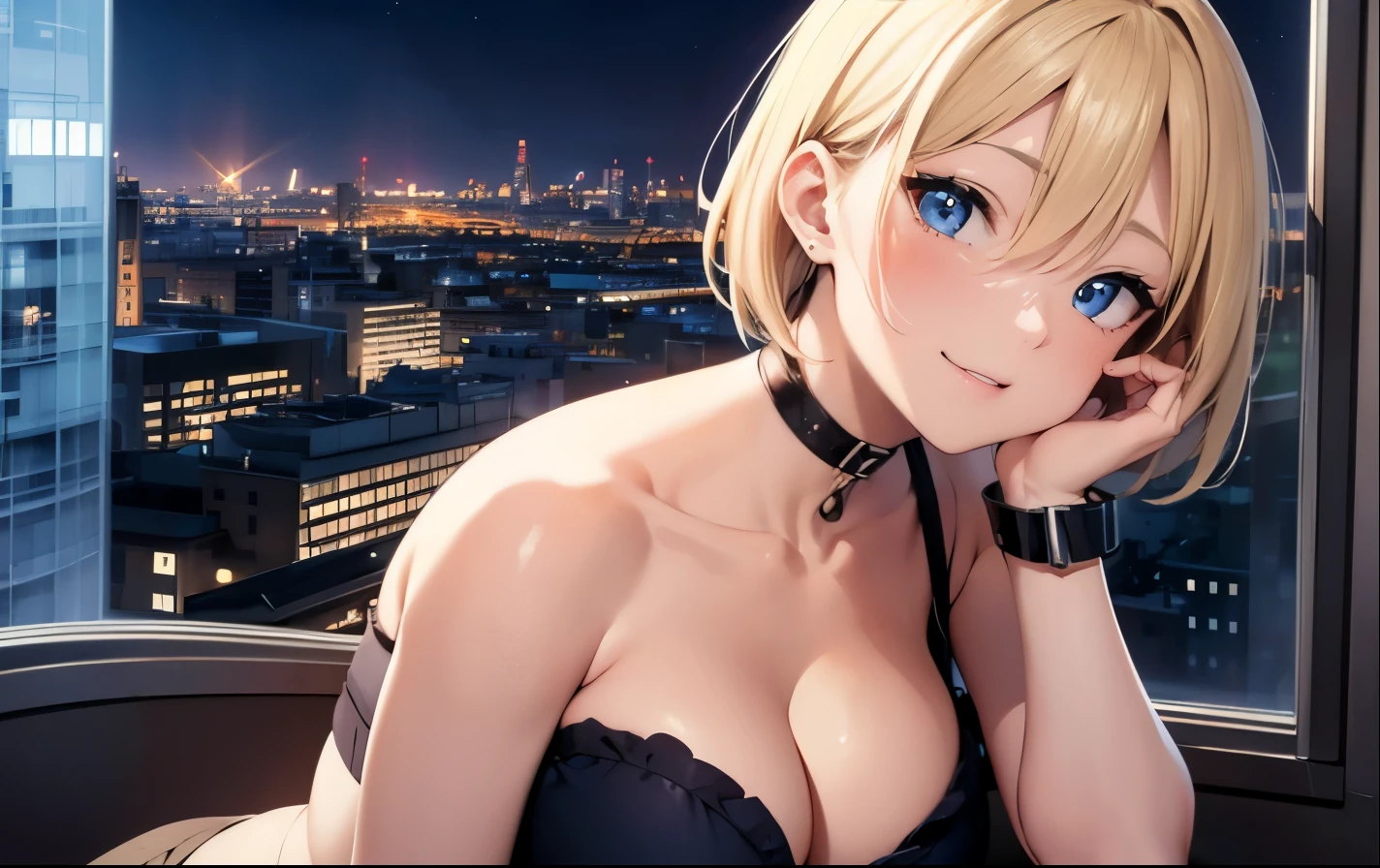 High resolution, 2D anime style,,blue eyes beautiful eyes,high and beautiful nose,thin face,blonde boyish short hair,Cool adult woman,Chest is slightly larger,she looks very happy,biting one's lips,she narrows her eyes,Fashion that shows cleavage,I'm studying by the window with earphones in my ears.,London cityscape at night
