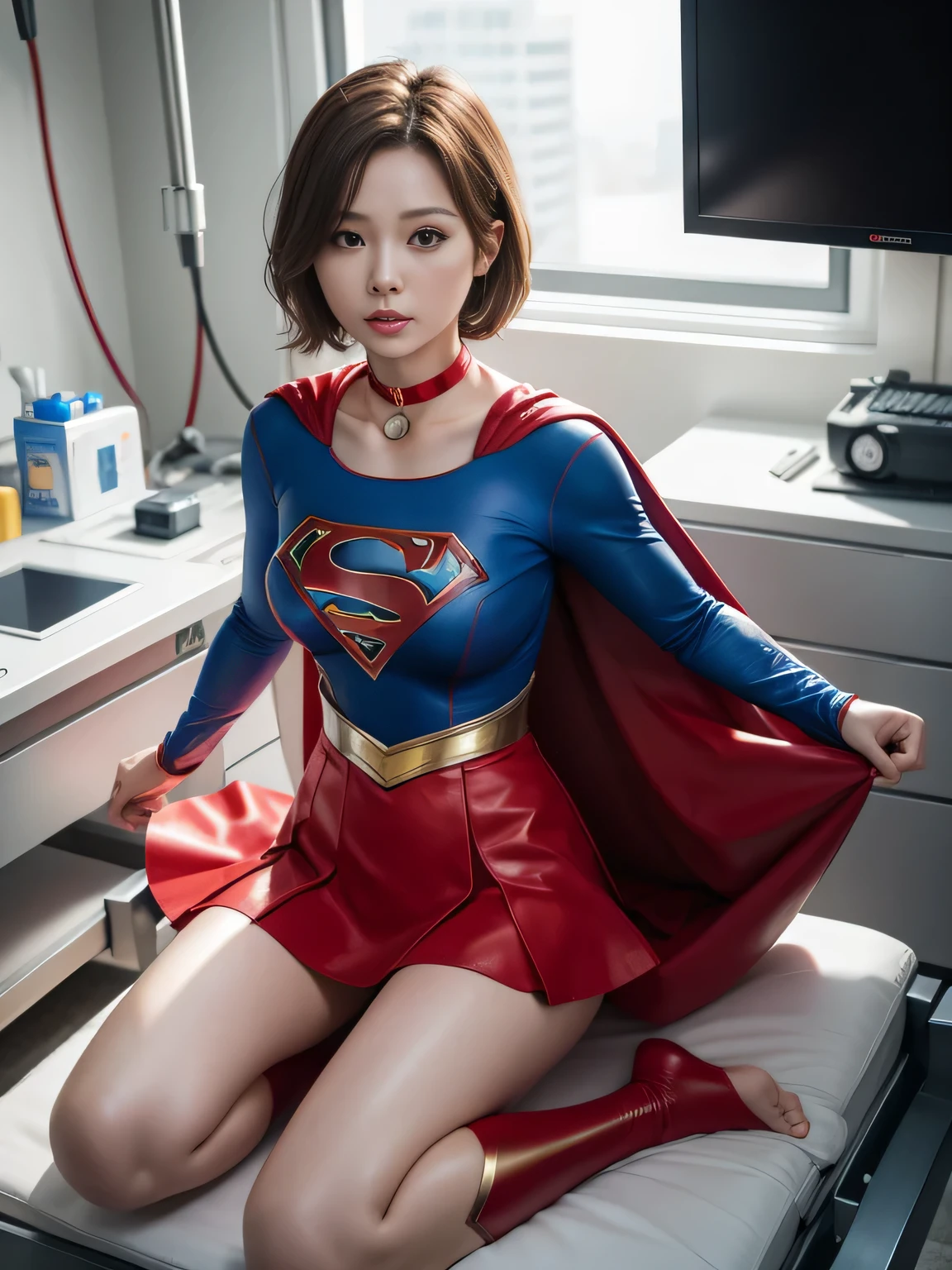 masterpiece,Supergirl costumes, short hair, barefoot, big and full breasts,operating room、operating table、straddle、damaged、shiny、look at the camera、choker、long sleeve、red mini skirt