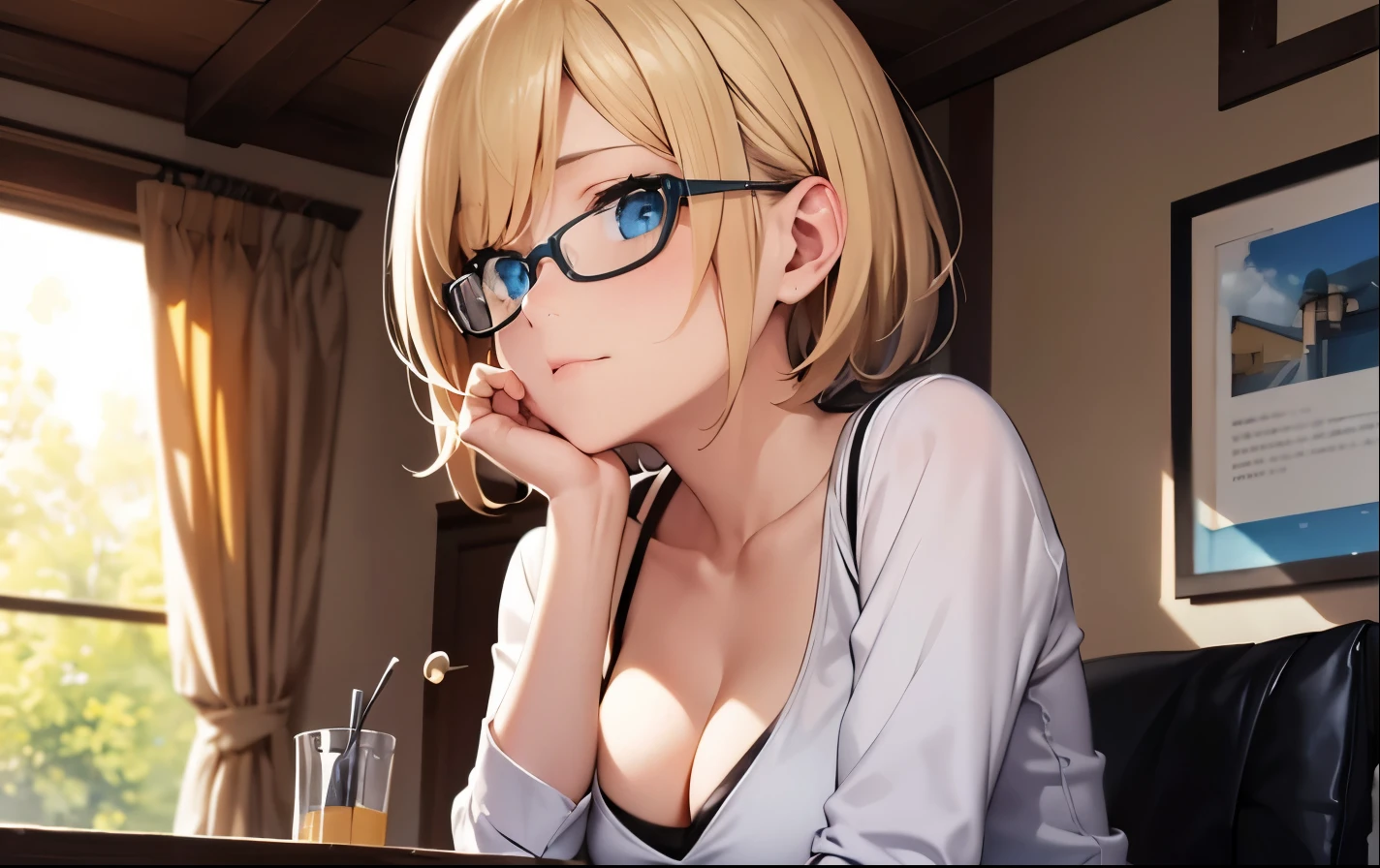 High resolution, 2D anime style,,blue eyes beautiful eyes,high and beautiful nose,thin face,blonde boyish short hair,Cool adult woman,Chest is slightly larger,she looks very happy,biting one's lips, she wears glasses,she narrows her eyes,Fashion that shows cleavage,studying at a desk by the window,I'm wearing earphones,In a forest house surrounded by nature
