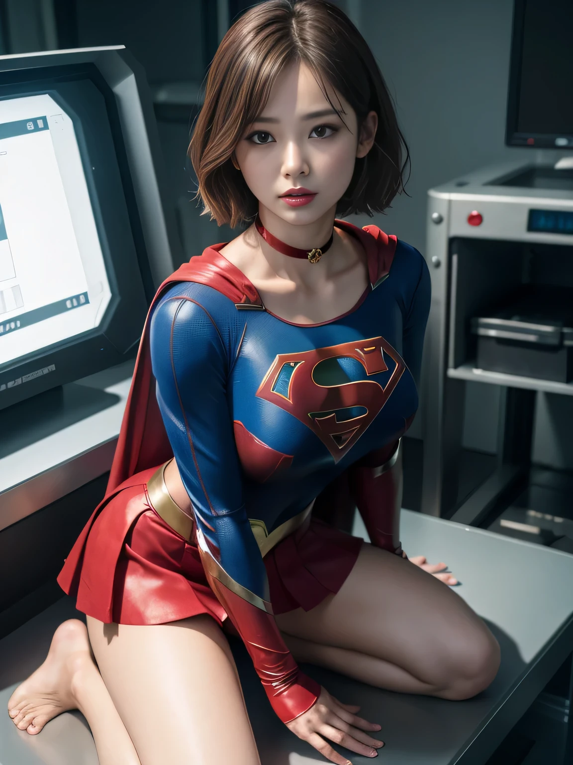 masterpiece、Supergirl costumes、short hair、barefoot、big and full breasts、Experimental Facilities、operating table、straddle、damaged、shiny、look at the camera、Seduce、choker、long sleeve、red mini skirt