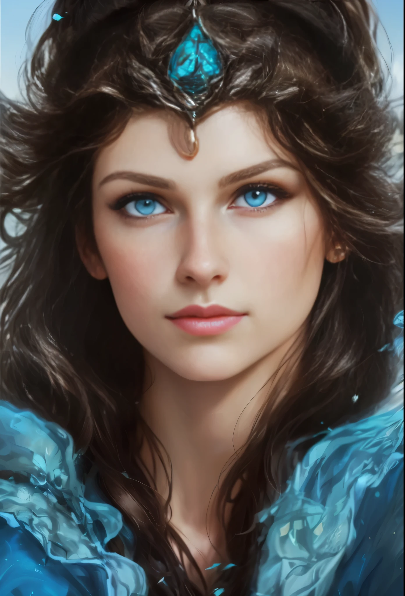 High resolution, brunette girl, 28 years old, bright blue eyes, pattern of stones on her face along the forehead to the temples, Brunette, temples slightly shaved, long black hair pulled back in a ponytail, temples slightly shaved, dressed in a silk shirt and loose trousers, bright blue eyes, portrait, the sea in the background, realism, fantasy