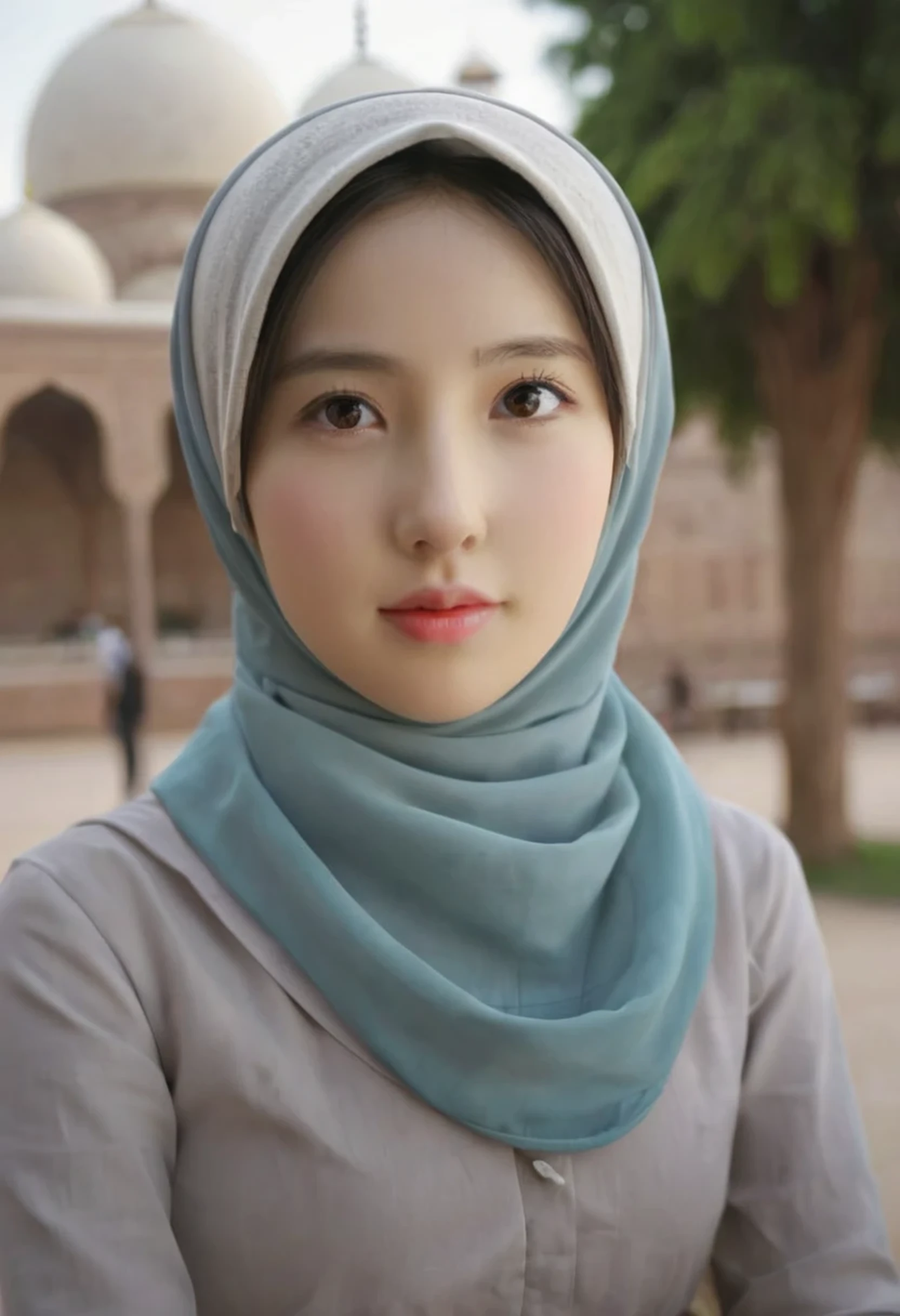 1girl, solo, beautiful face, high detailed realistic eyes, double eyelids, high detailed realistic pupils, (upon body from head to waist:1.36), (wearing hijab:1.37), (moslem headscarf:1.37), reading glasses, sitting alone on a long chair, amazing mosque park background, taj mahal, best quality, masterpiece, highres, black and white moslem female dress, Beautiful face, (upon body from head to waist:1.35), tyndall effect, photorealistic, dark studio, two tone lighting, 8k uhd, dslr, soft lighting, high quality, volumetric lighting, candid, Photograph, high resolution, 4k, 8k, Bokeh, (hyperrealistic girl), (illustration), (high resolution), (extremely detailed), (best illustration), (beautiful detailed eyes), (best quality), (ultra-detailed), (masterpiece), (wallpaper), (photorealistic), (natural light), (rim lighting), (detailed face), (high detailed realistic skin face texture), (anatomically correct), (heterochromic eyes), (detailed eyes), (sparkling eyes), (dynamic pose), (hair completely covered by the hijab:1.35), looking to viewer