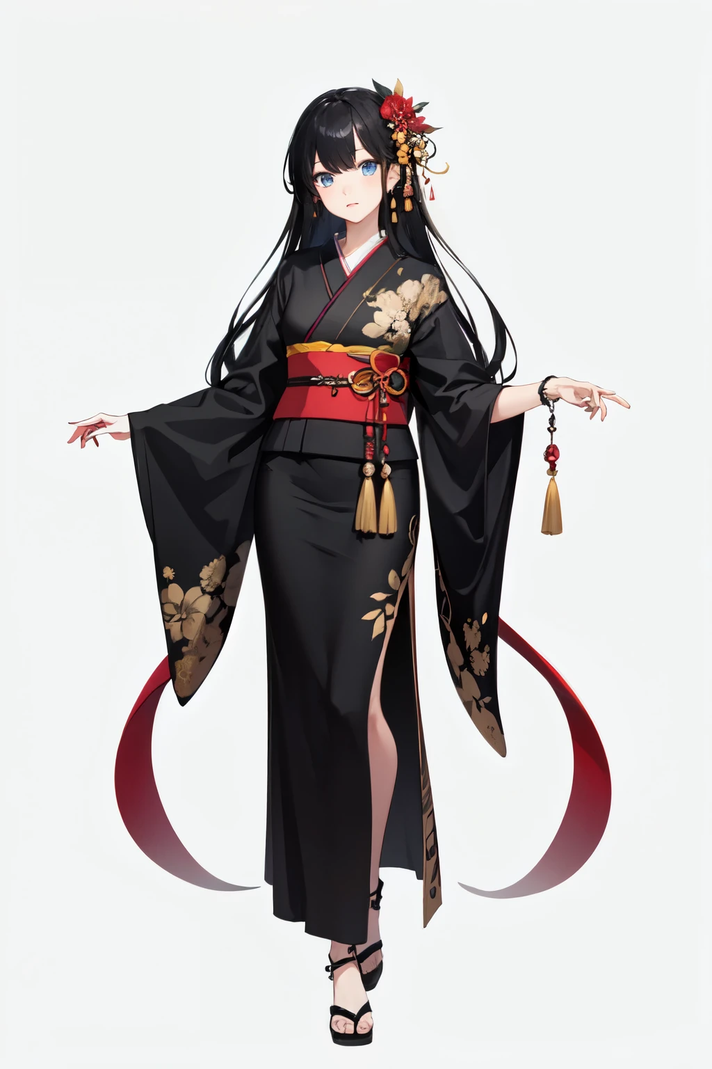 ((best quality)), ((masterpiece)), (detailed), girl, perfect face, long hair, black hair, Blue eyes, full body, Black kimono, white background