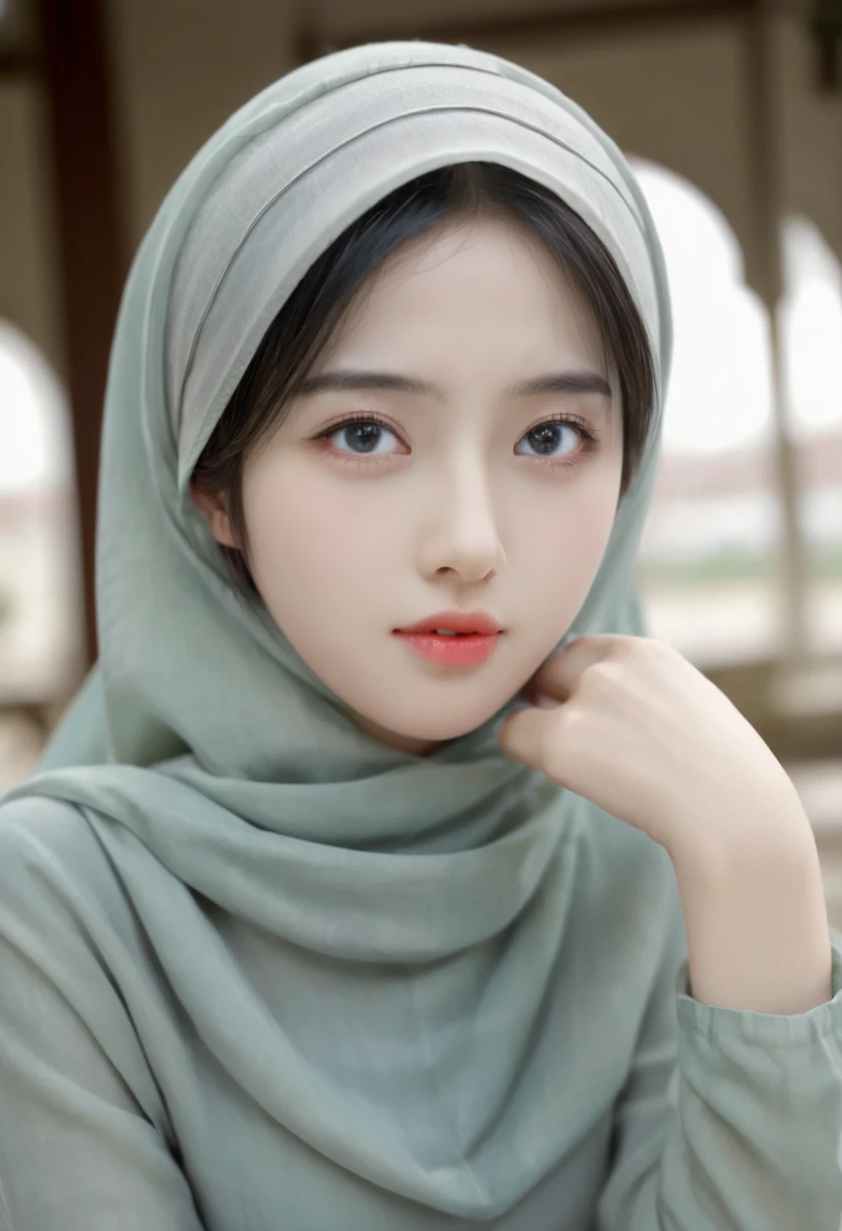 1girl, solo, beautiful face, high detailed realistic eyes, double eyelids, high detailed realistic pupils, (upon body from head to waist:1.36), (wearing hijab:1.37), (moslem headscarf:1.37), reading glasses, sitting alone on a long chair, amazing mosque park background, taj mahal, best quality, masterpiece, highres, black and white moslem female dress, Beautiful face, (upon body from head to waist:1.35), tyndall effect, photorealistic, dark studio, two tone lighting, 8k uhd, dslr, soft lighting, high quality, volumetric lighting, candid, Photograph, high resolution, 4k, 8k, Bokeh, (hyperrealistic girl), (illustration), (high resolution), (extremely detailed), (best illustration), (beautiful detailed eyes), (best quality), (ultra-detailed), (masterpiece), (wallpaper), (photorealistic), (natural light), (rim lighting), (detailed face), (high detailed realistic skin face texture), (anatomically correct), (heterochromic eyes), (detailed eyes), (sparkling eyes), (dynamic pose), (hair completely covered by the hijab:1.35), looking to viewer