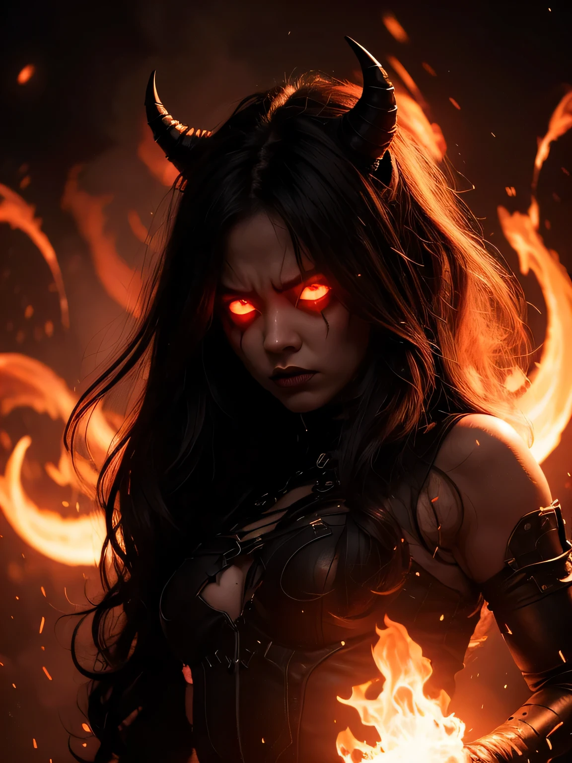 fear demon girl, angry, spooky, scary, realistic, 8k, Mysterious, Light particles, with light glowing, Mshiff, wallpaper art, UHD wallpaper, highly detailed