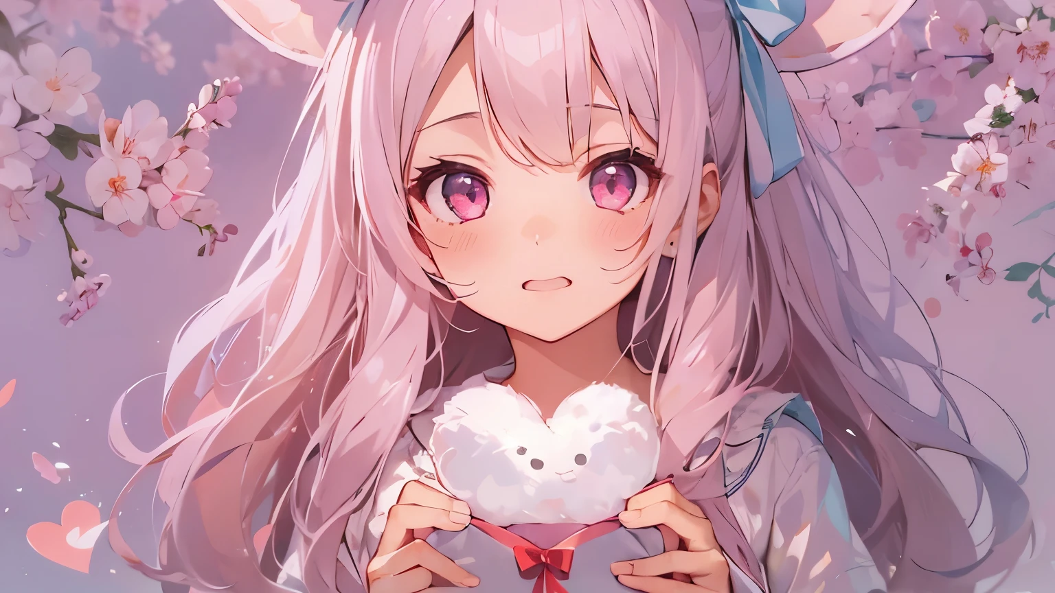 Beautiful illustration of a girl holding a heart-shaped present, highest quality, pretty girl, pastel colour, fluffy rabbit ears, twin tails,pink long hair,bright lighting, pale pink eyes,embarrassed