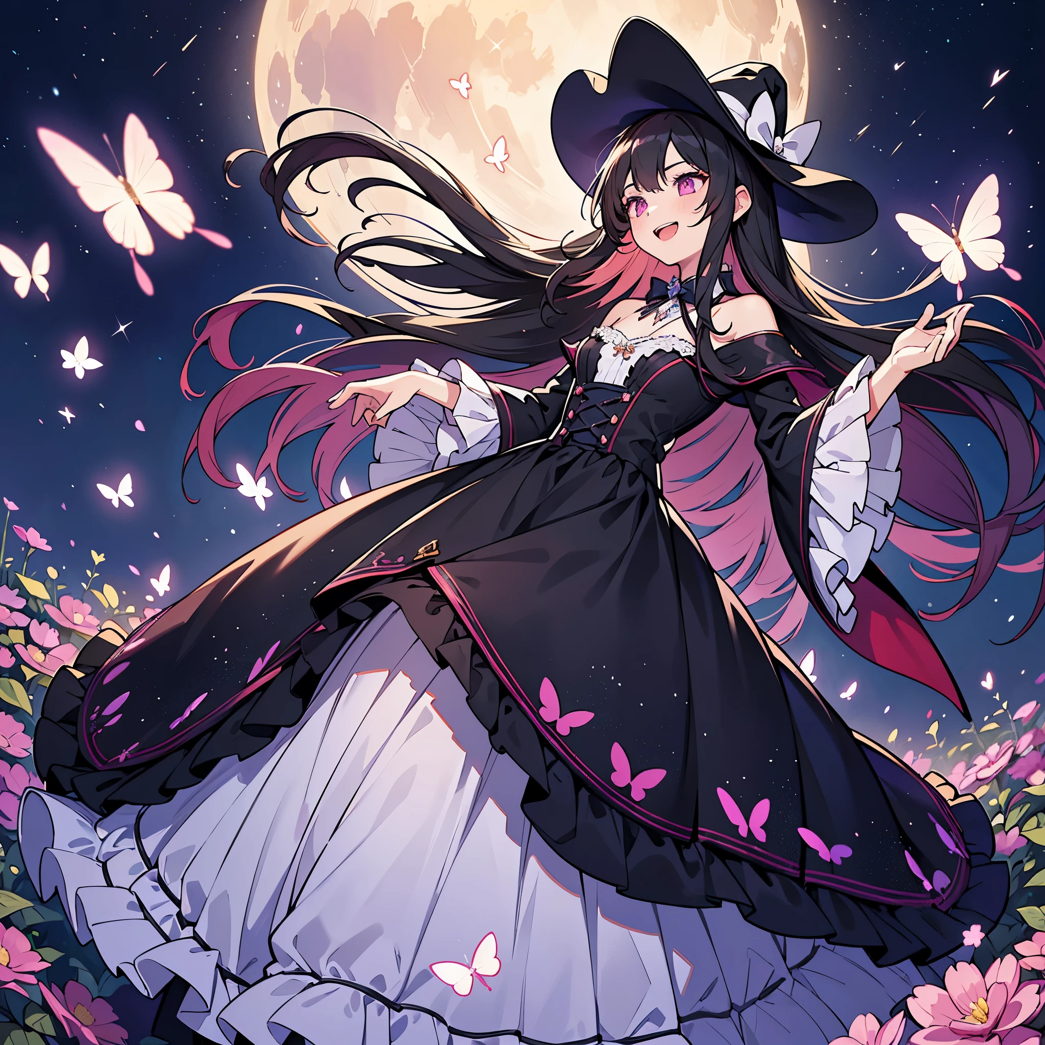 (best quality,4k,8k,highres,masterpiece:1.2),ultra-detailed,(realistic,photorealistic,photo-realistic:1.37), a boy joins a witch coven and he’s given the gift of femininity, he gets magically transformed into a cute teenage witch girl, sex change ritual, pink eyes, long black hair, is happy, stunning black Victorian dress, gorgeous dress design,flowing gown,elaborate lace details,rich textures,contrast stitching,delicate ribbon bows,floral accents,full skirt,high neckline,long sleeves,fitted waistline,flared cuffs,lace-up back,luxurious fabrics,flawless silhouette,high heels,pointy hat, magical transformation, detailed facial features, glowing and vibrant pink eyes, flowing and glossy long black hair, happy and excited expression, joyful and radiant vibe, surrounded by a mystical aura, spell books and potions in the background, an enchanting garden with colorful flowers, butterflies flying around, moonlit night with a full moon shining above, soft and ethereal lighting, a group of friendly witches welcoming the new girl into the coven, joyful celebration and magical rituals, feminine and elegant movements, a cauldron overflowing with sparkles and magical essence, black and purple hues dominating the color palette, whimsical and enchanting atmosphere, breathtaking and bewitching nature, a sense of empowerment and self-discovery.