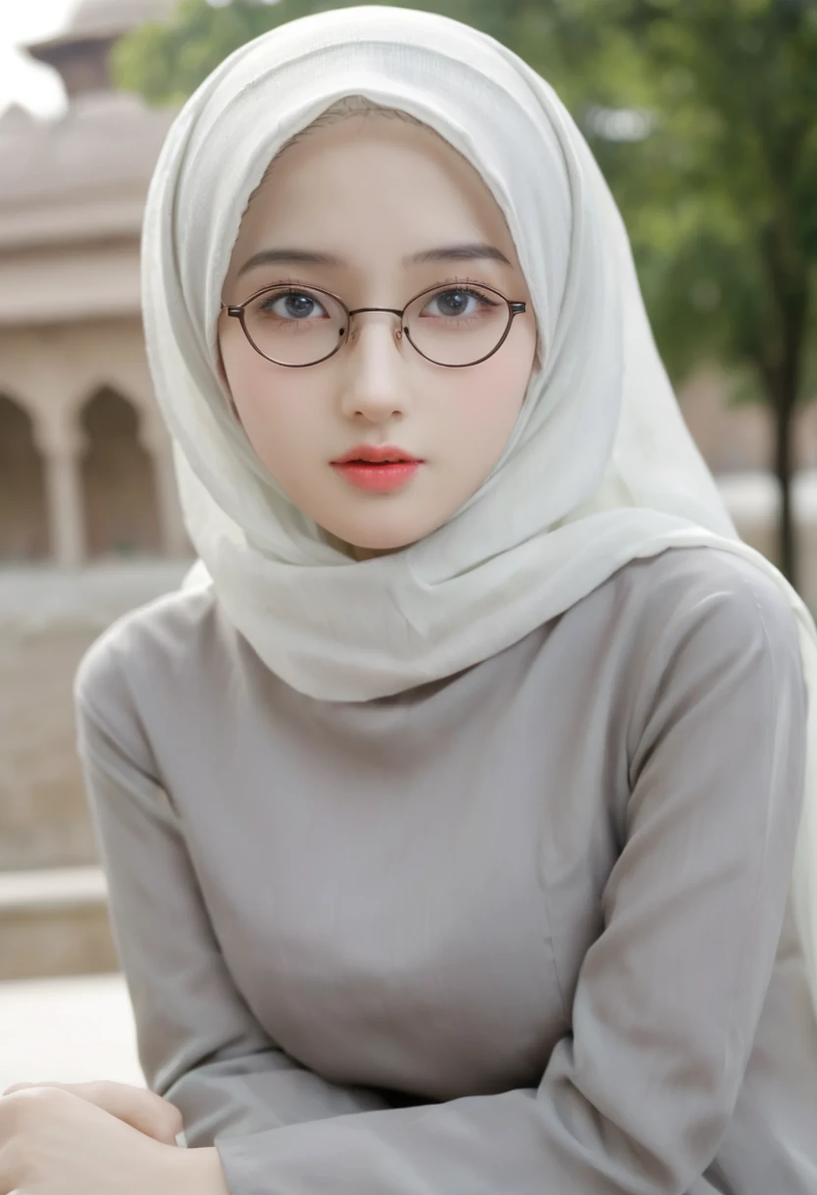 1girl, solo, beautiful face, high detailed realistic eyes, double eyelids, high detailed realistic pupils, (upon body from head to waist:1.36), (wearing hijab:1.37), (moslem headscarf:1.37), reading glasses, sitting alone on a long chair, amazing mosque park background, taj mahal, best quality, masterpiece, highres, black and white moslem female dress, Beautiful face, (upon body from head to waist:1.35), tyndall effect, photorealistic, dark studio, two tone lighting, 8k uhd, dslr, soft lighting, high quality, volumetric lighting, candid, Photograph, high resolution, 4k, 8k, Bokeh, (hyperrealistic girl), (illustration), (high resolution), (extremely detailed), (best illustration), (beautiful detailed eyes), (best quality), (ultra-detailed), (masterpiece), (wallpaper), (photorealistic), (natural light), (rim lighting), (detailed face), (high detailed realistic skin face texture), (anatomically correct), (heterochromic eyes), (detailed eyes), (sparkling eyes), (dynamic pose), (hair completely covered by the hijab:1.35), looking to viewer