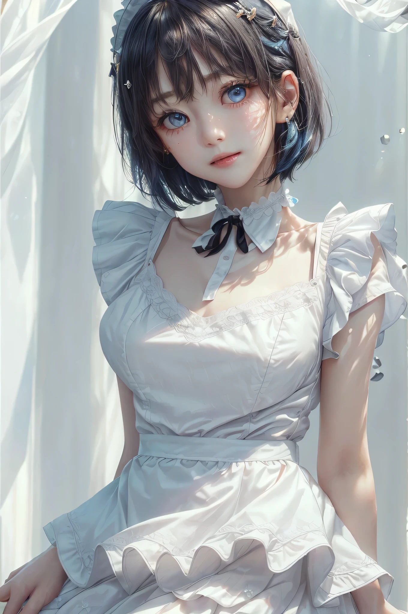 (Close-up:1.4)、(RAW shooting:1.2)、(photorealistic:1.4)、(masterpiece:1.3)、(highest quality:1.4)、solo、7 head and body、(slender and beautiful girl)、cute、(beautiful detailed eyes)、(charming big eyes)、(beautiful double eyelids)、(beautiful and detailed face)、(gentle smile:1.2)、(big breasts:1.2)、(cleavage)、(erect nipples:1.2)、(full body shot)、8K、(muste piece:1.2)、(pale blue hair、short bob:1.3)、(Bangs Patsun)、(headdress、white blouse、black ribbon、ruffle skirt、puff sleeves、collar、choker、white apron with fine frills:1.3)、White Knee High Socks、black maid costume、(Sexy model pose with chest sticking out:1.3)、cowboy shot、view audience、(small butt)、(beautiful hands)、(beautiful thighs)、cute系、(perfect anatomy:1.2)、ancient city、