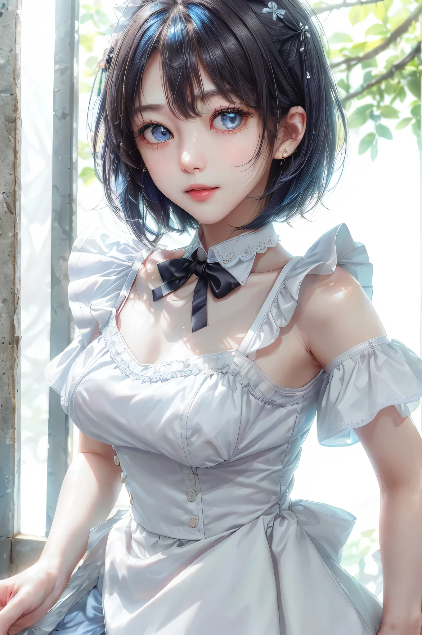 (Close-up:1.4)、(RAW shooting:1.2)、(photorealistic:1.4)、(masterpiece:1.3)、(highest quality:1.4)、solo、7 head and body、(slender and beautiful girl)、cute、(beautiful detailed eyes)、(charming big eyes)、(beautiful double eyelids)、(beautiful and detailed face)、(gentle smile:1.2)、(big breasts:1.2)、(cleavage)、(erect nipples:1.2)、(full body shot)、8K、(muste piece:1.2)、(pale blue hair、short bob:1.3)、(Bangs Patsun)、(headdress、white blouse、black ribbon、ruffle skirt、puff sleeves、collar、choker、white apron with fine frills:1.3)、White Knee High Socks、black maid costume、(Sexy model pose with chest sticking out:1.3)、cowboy shot、view audience、(small butt)、(beautiful hands)、(beautiful thighs)、cute系、(perfect anatomy:1.2)、ancient city、