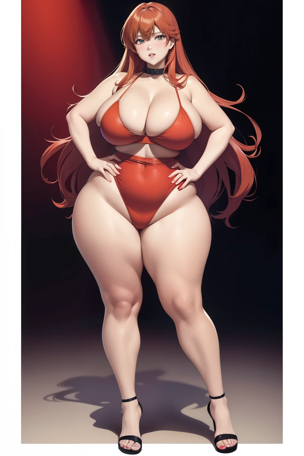 Full body portrait photo of anime bbw girl in red bikini with long hair and big breasts, very fat curvy body, wide waist and wide hips, round and beautiful face, very similar portrait of asuka langley Soryu, asuka langley, anime female characters, Evangelion beautiful girl, That&#39;s Junji&#39;s style, Asuka from Evangelion,  cel shaded anime