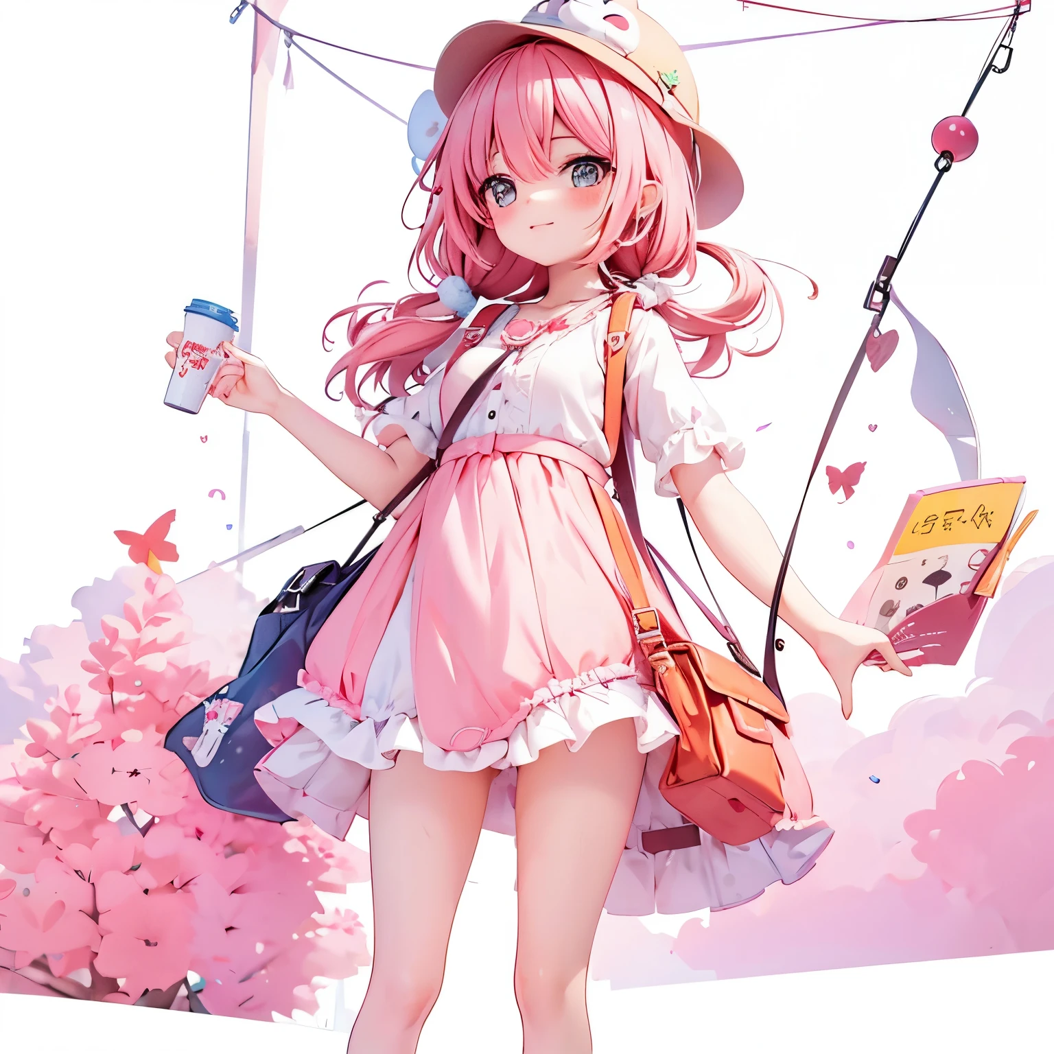  Draw me a cute  using a hat and sling bag with a pink color