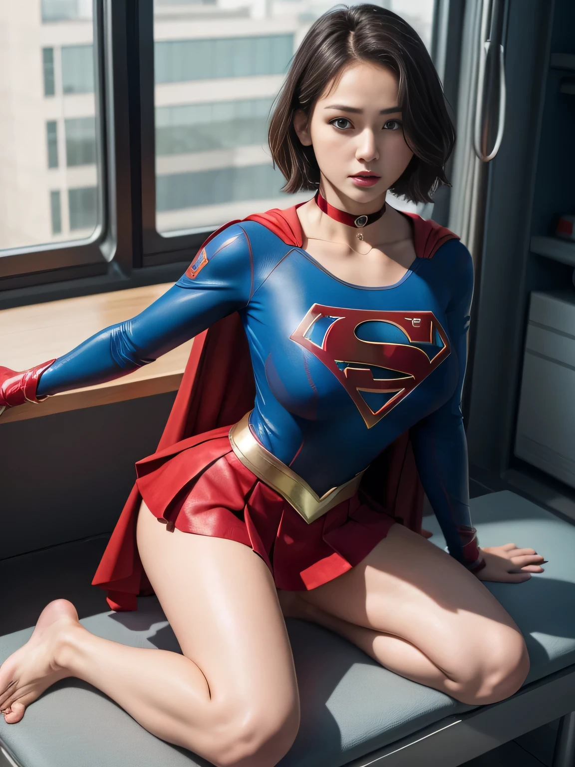 masterpiece、Supergirl costumes、short hair、barefoot、big and full breasts、Experimental Facilities、operating table、straddle、damaged、shiny、look at the camera、Seduce、choker、long sleeve、red mini skirt