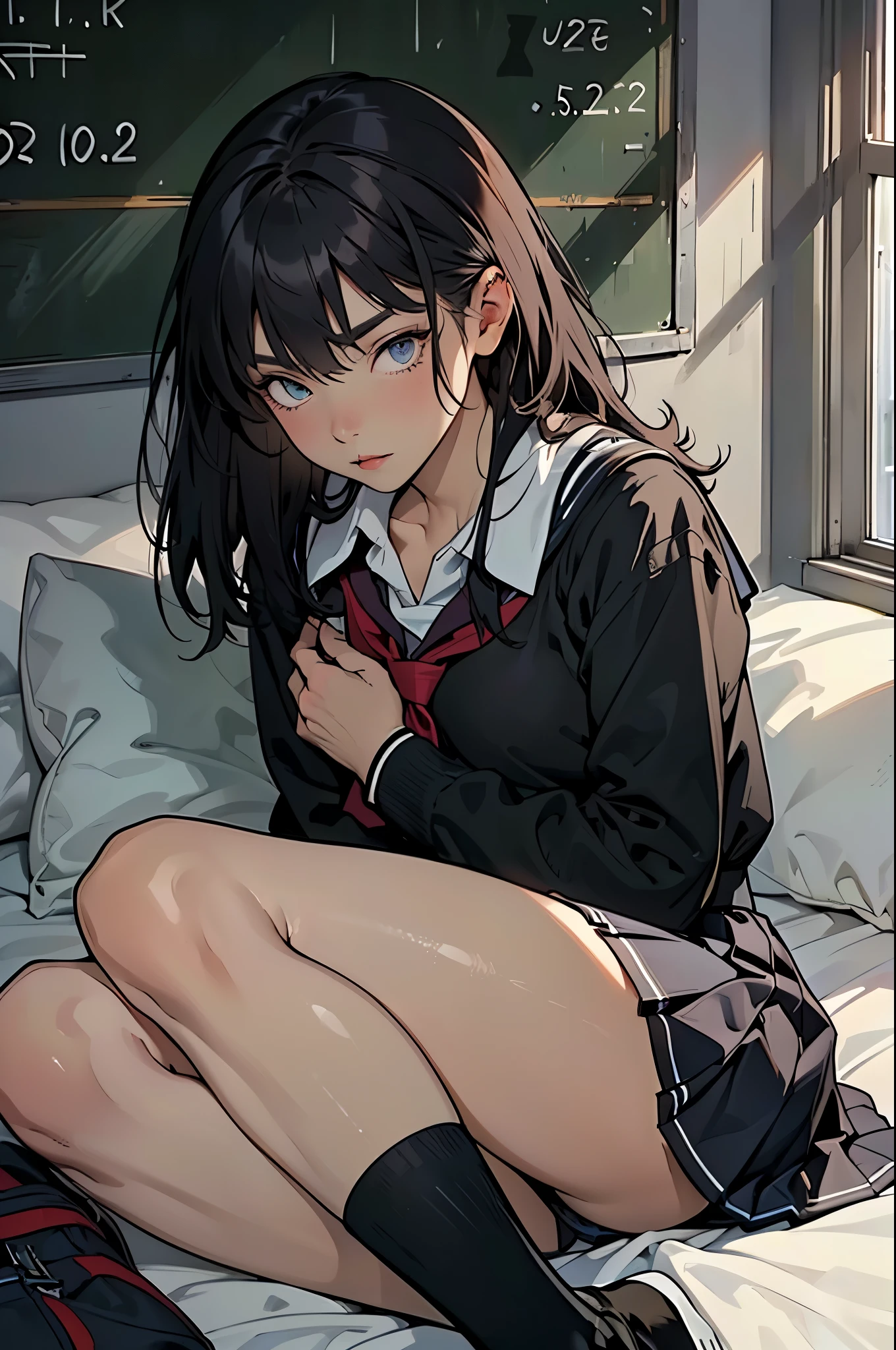 (masterpiece, highest quality), (high resolution, details),
anime, line-art, flat shading,depth:1.2,
Solo: 1.2, female,(detailed face:1.2),(detailed hair:1.2),,(detailed eyes:1.2),
(School uniform: 1.5), Baggy socks,
(Unruly hair, voluminous hair),breasts,
(Beautiful thighs: 1.0),
lie down,lie down on back,on bed,