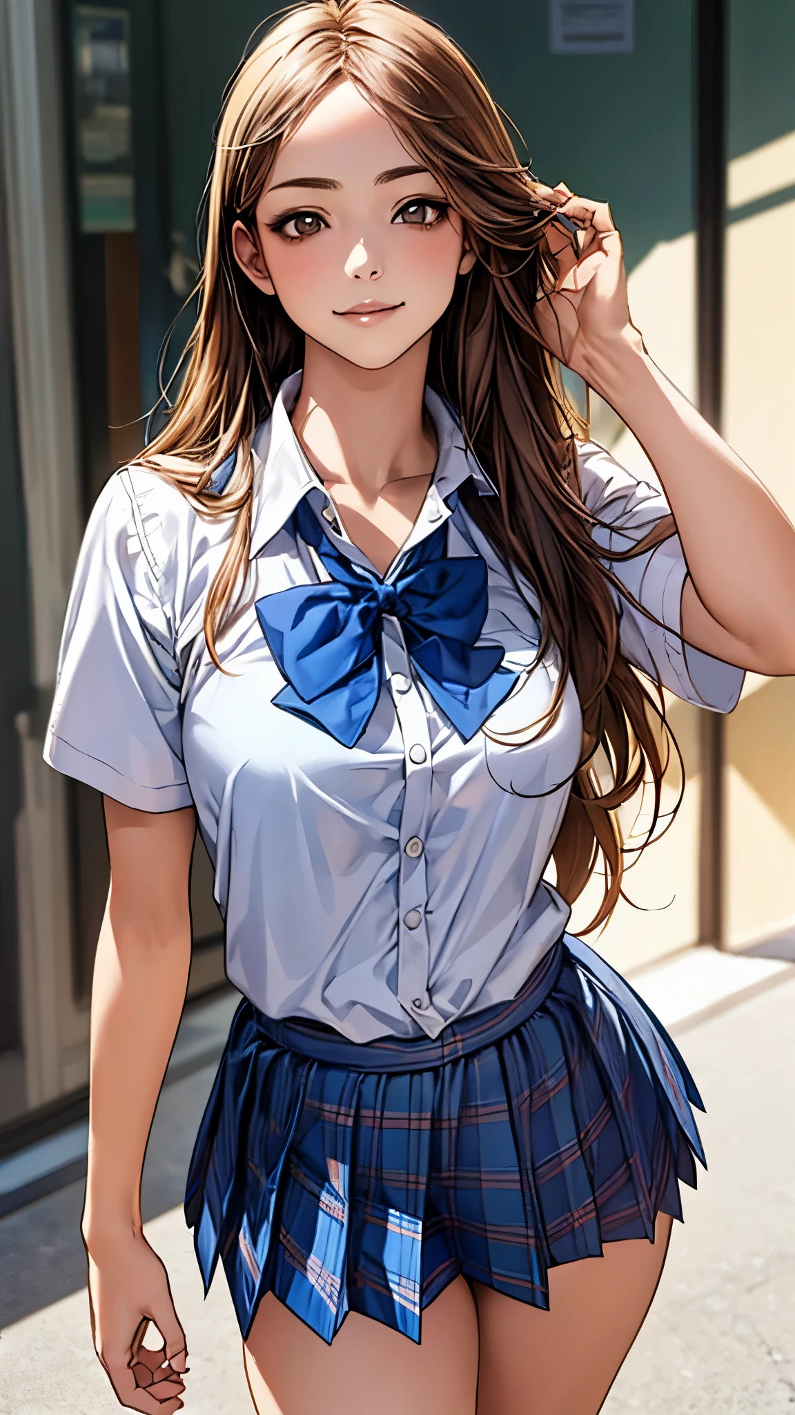 (masterpiece:1.2, top-quality), (realistic, photorealistic:1.4), beautiful illustration, (natural side lighting, movie lighting), 
looking at viewer, 1 girl, japanese, high school girl, perfect face, cute and symmetrical face, shiny skin, slender,
(middle hair:1.5, straight hair, light brown), parted bangs, long eye lasher, large breasts:0.8, 
beautiful hair, beautiful face, beautiful detailed eyes, beautiful clavicle, beautiful body, beautiful chest, beautiful thigh, beautiful legs, beautiful fingers, 
((short sleeve collared white shirt, school uniform, blue checked pleated skirt, blue plaid bow tie)), pink panties, 
(beautiful scenery), morning, (down town), standing, (cute, lovely smile, upper eyes), 