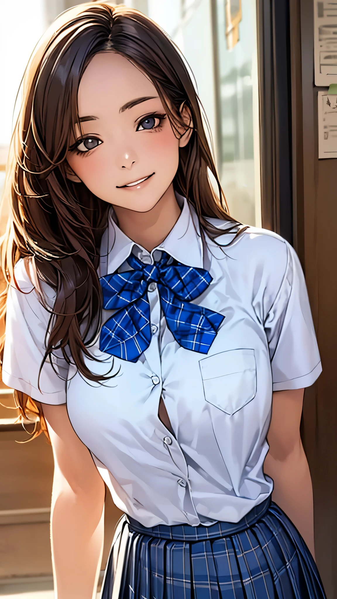 (masterpiece:1.2, top-quality), (realistic, photorealistic:1.4), beautiful illustration, (natural side lighting, movie lighting), 
looking at viewer, 1 girl, japanese, high school girl, perfect face, cute and symmetrical face, shiny skin, slender,
(middle hair:1.5, straight hair, light brown), parted bangs, long eye lasher, large breasts:0.8, 
beautiful hair, beautiful face, beautiful detailed eyes, beautiful clavicle, beautiful body, beautiful chest, beautiful thigh, beautiful legs, beautiful fingers, 
((short sleeve collared white shirt, school uniform, blue checked pleated skirt, blue plaid bow tie)), pink panties, 
(beautiful scenery), morning, (down town), standing, (cute, lovely smile, upper eyes), 