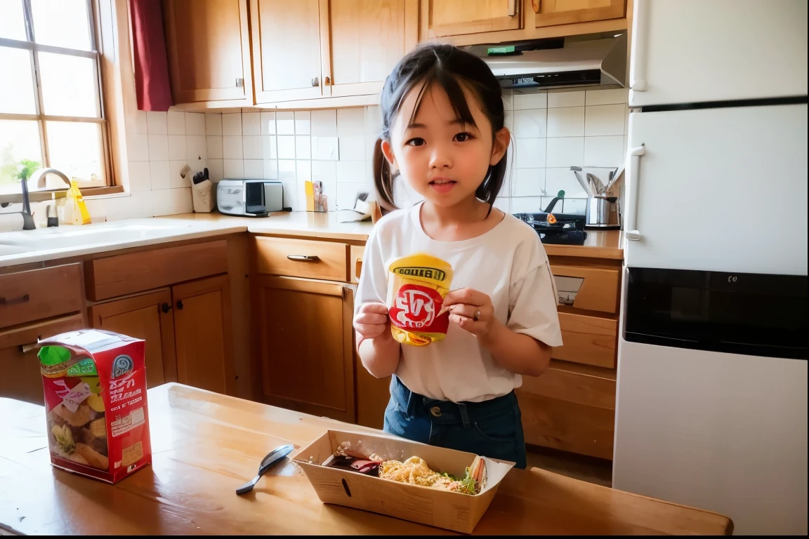 a young woman making instant noodle in the old kitchen, five year old thai boy waiting to eat, good ligthing and lovely, orange juice, tall box of milk on the table